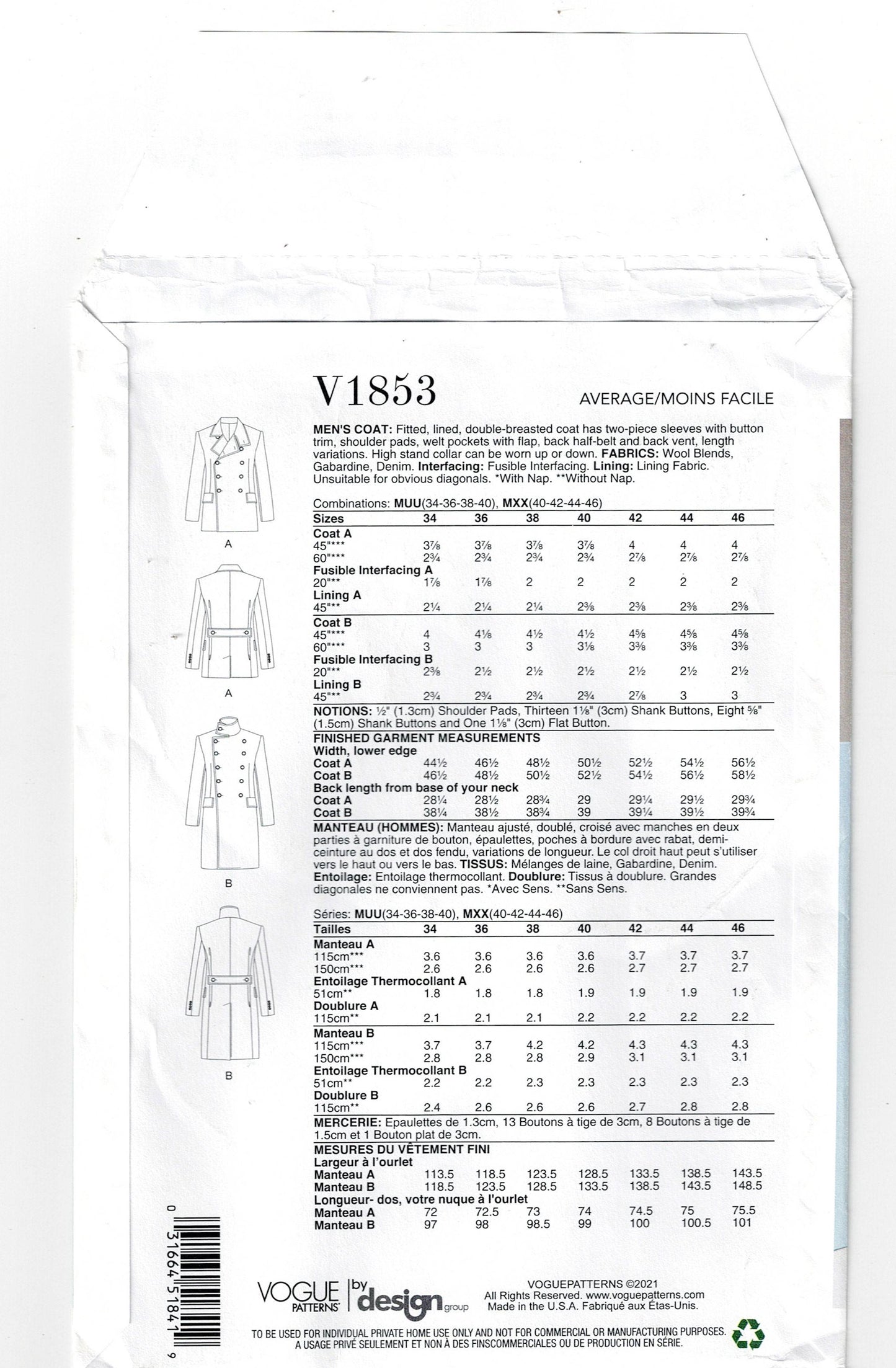 Vogue 1853 Mens Double Breasted Coat Sewing Pattern Size 40 - 46 Inches UNCUT Factory Folded