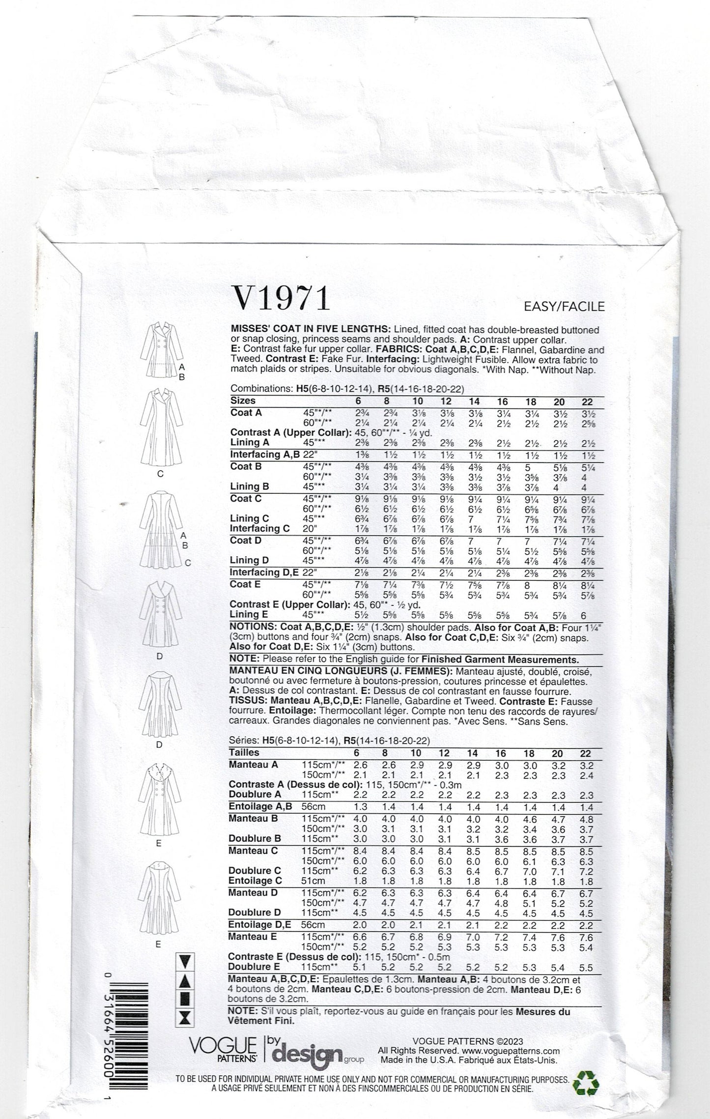 Vogue 1971 Womens Double Breasted Fit & Flared Coat Sewing Pattern Size 6 - 14 UNCUT Factory Folded