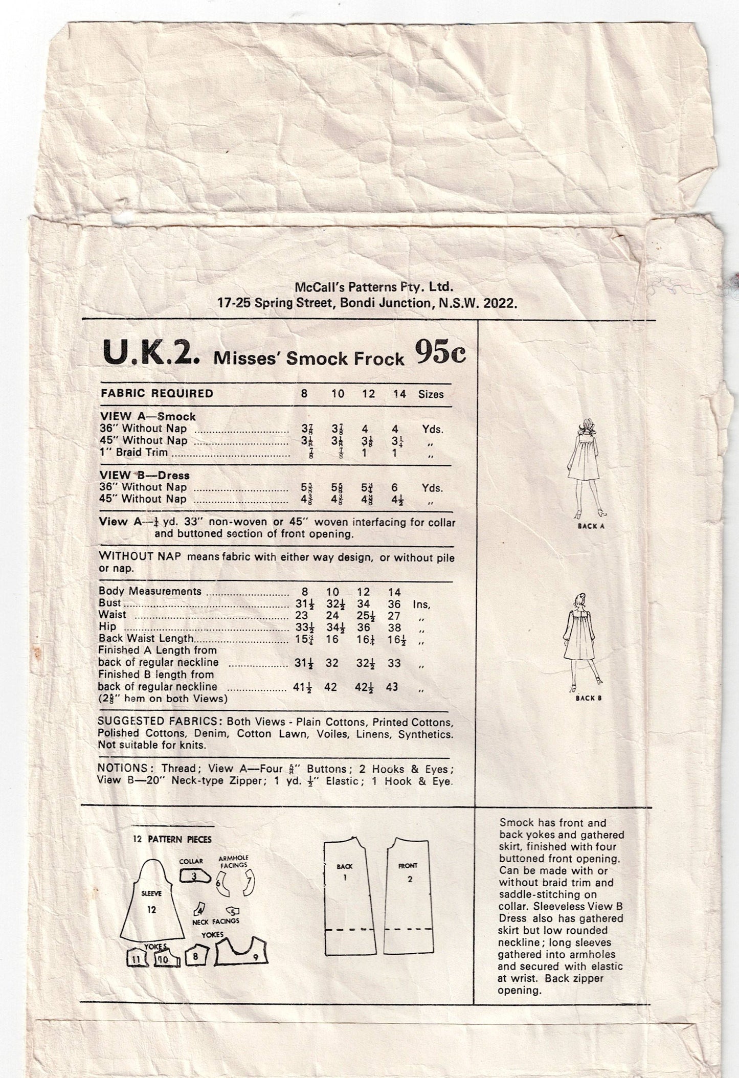 McCall's UK 2 Womens Smock Dress with Optional Dog Eared Collar 1970s Vintage Sewing Pattern Size 14 Bust 36 inches