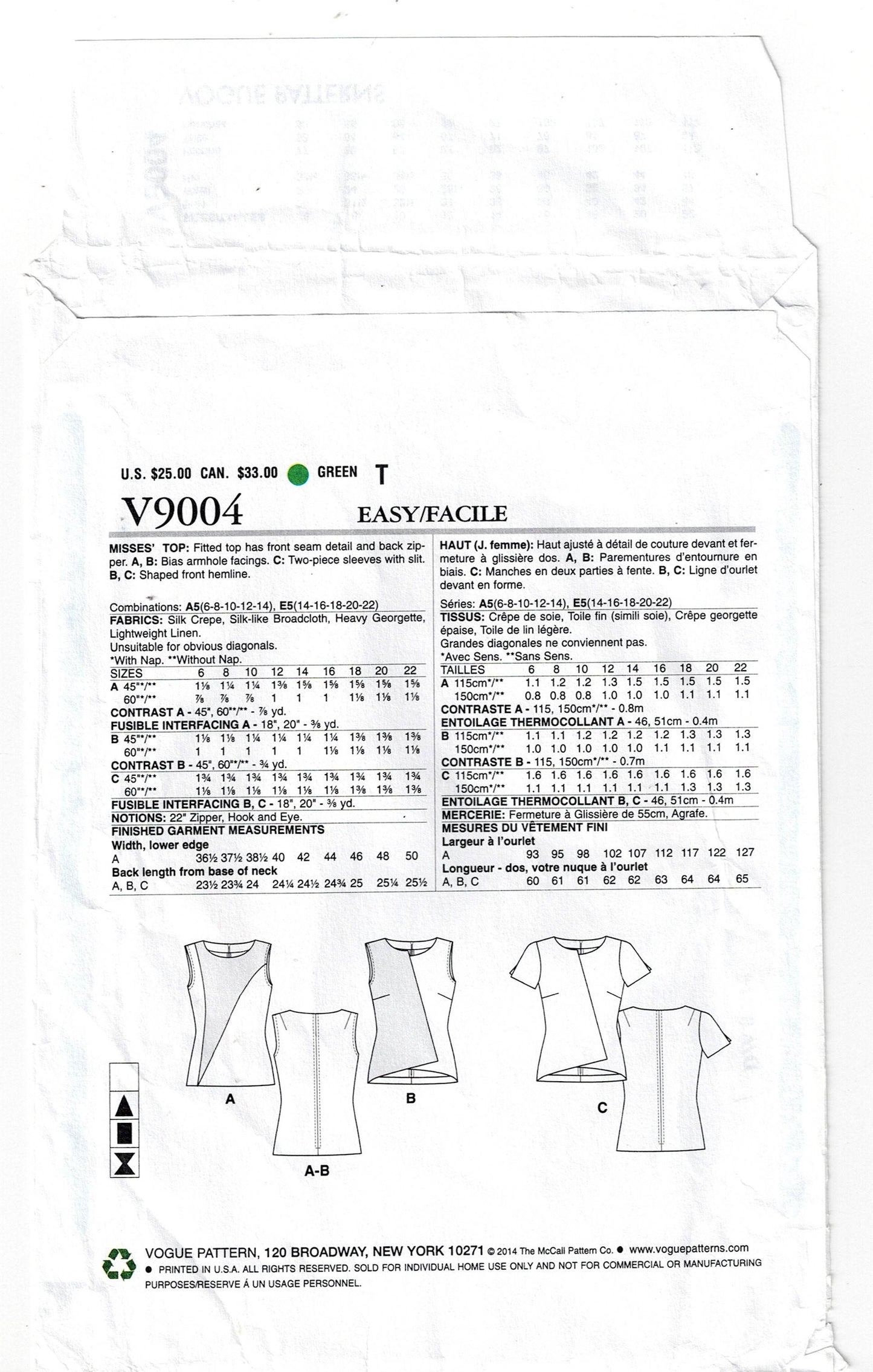 Vogue 9004 Womens Asymmetric Colour Block Tops Out Of Print Sewing Pattern Size 14 - 22 UNCUT Factory Folded