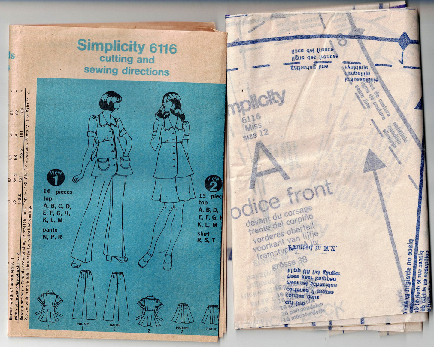 Simplicity 6116 Maternity Wide Collar Top Skirt & Pants 1970s Vintage Sewing Pattern Size 12 Bust 34 inches