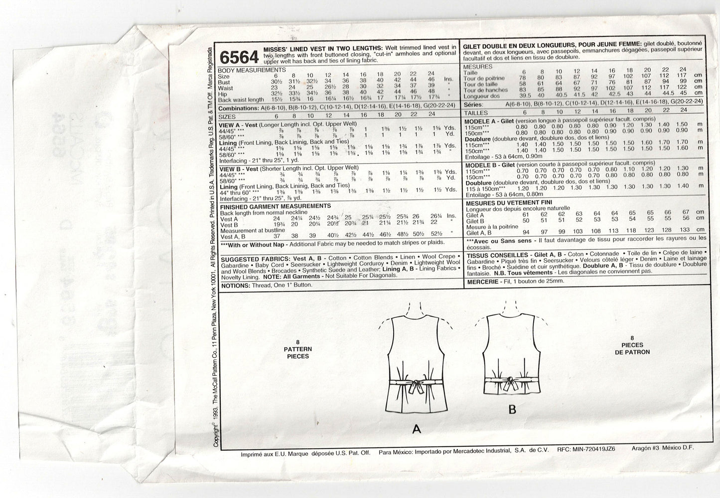 McCall's 6564 Womens Lined Vests in 2 Lengths 1990s Vintage Sewing Pattern Size 12 - 16 UNCUT Factory Folded