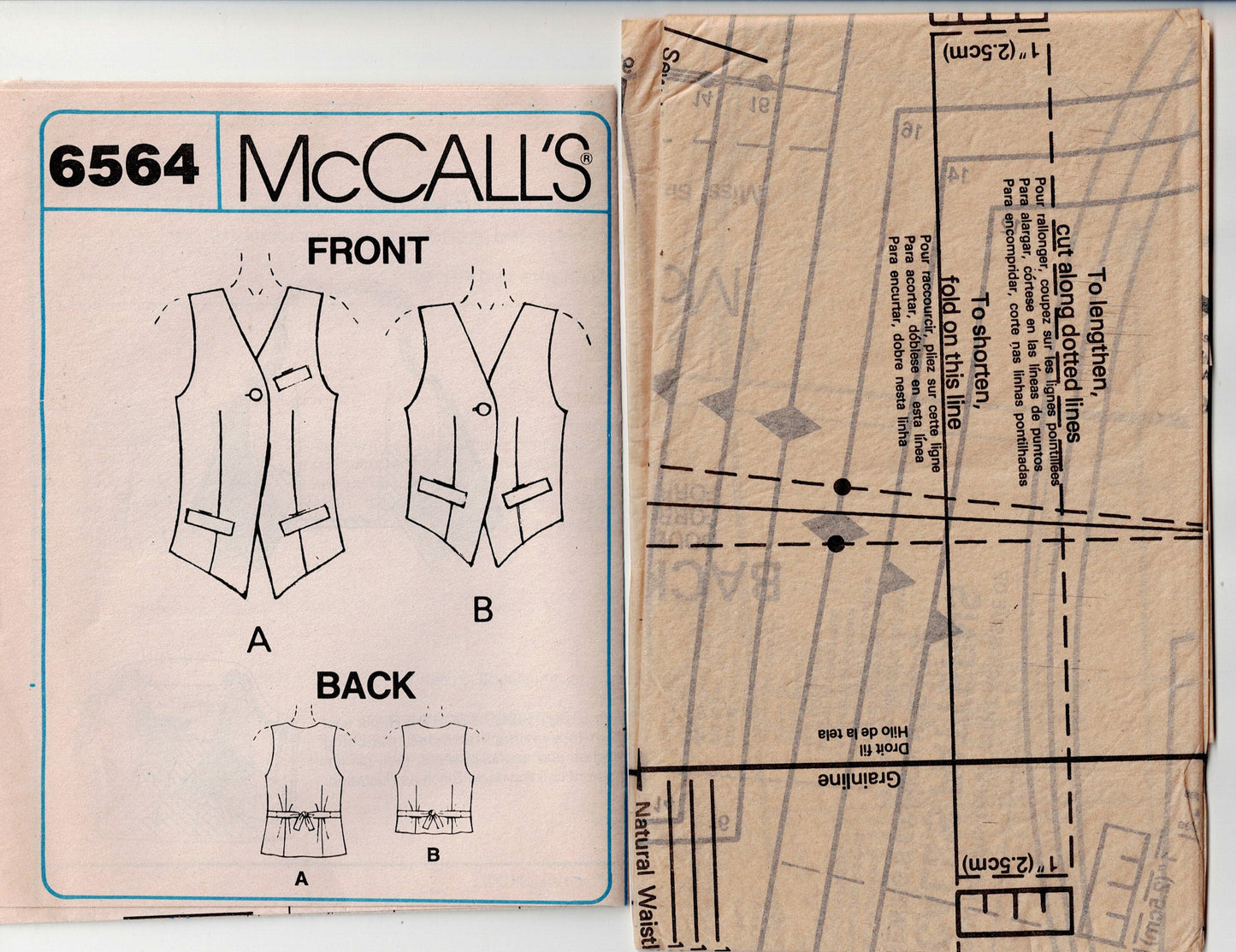 McCall's 6564 Womens Lined Vests in 2 Lengths 1990s Vintage Sewing Pattern Size 12 - 16 UNCUT Factory Folded