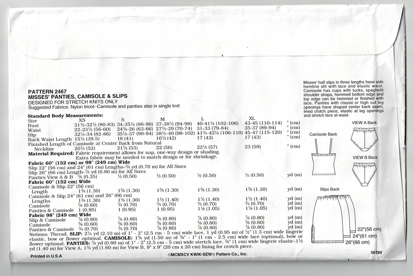 Kwik Sew 2467 Womens Lingerie Slips Camisole & Panties 1990s Vintage Sewing Pattern Size XS - XL UNCUT Factory Folded
