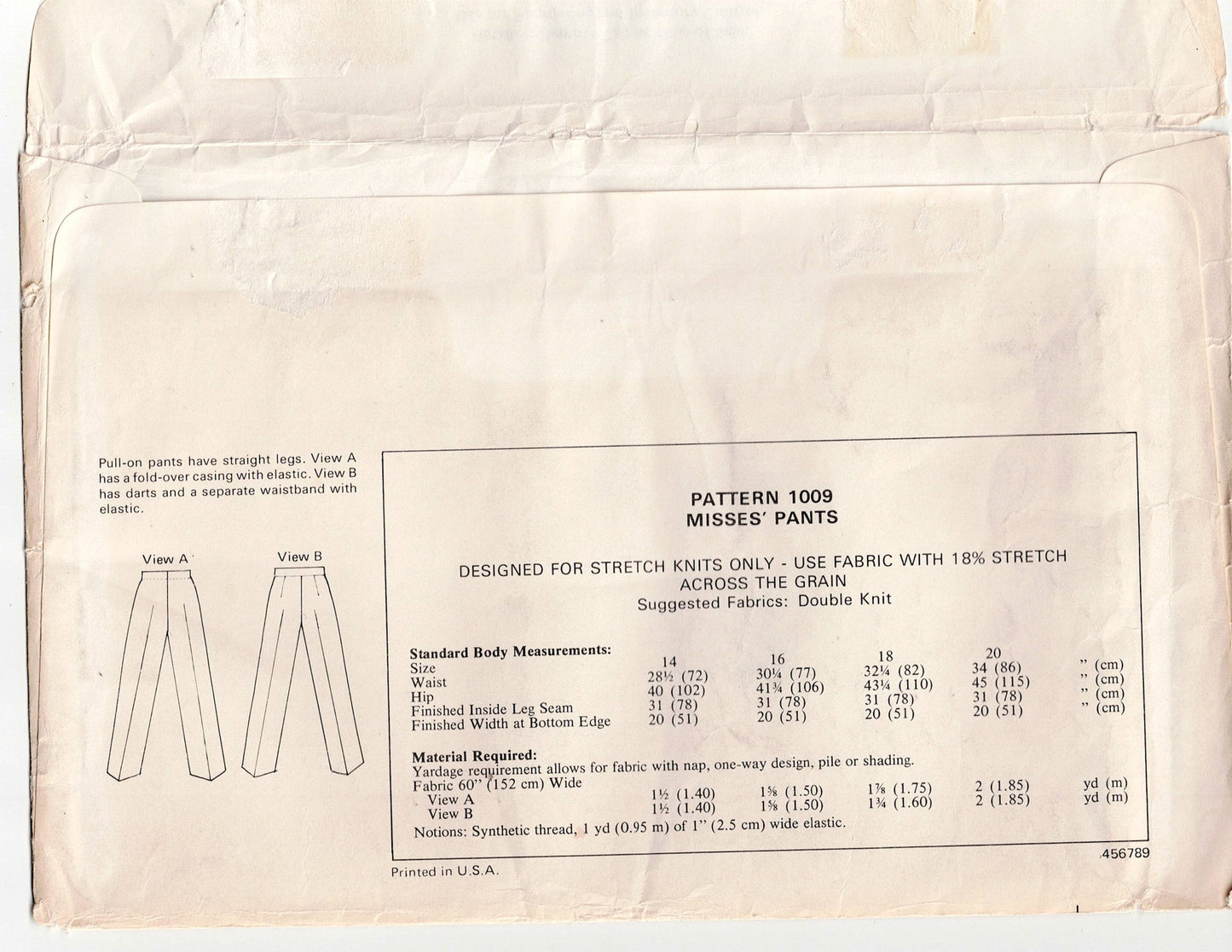 Kwik Sew 1009 Womens Stretch Pants 1970s Vintage Sewing Pattern Size 14 - 20 UNCUT Factory Folded