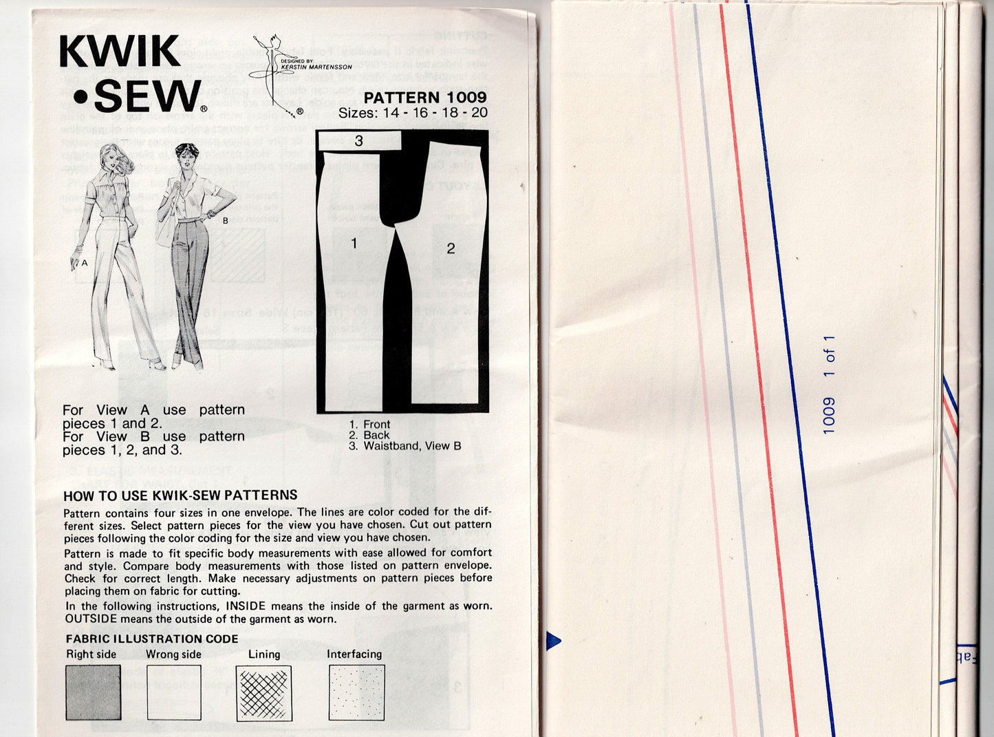 Kwik Sew 1009 Womens Stretch Pants 1970s Vintage Sewing Pattern Size 14 - 20 UNCUT Factory Folded