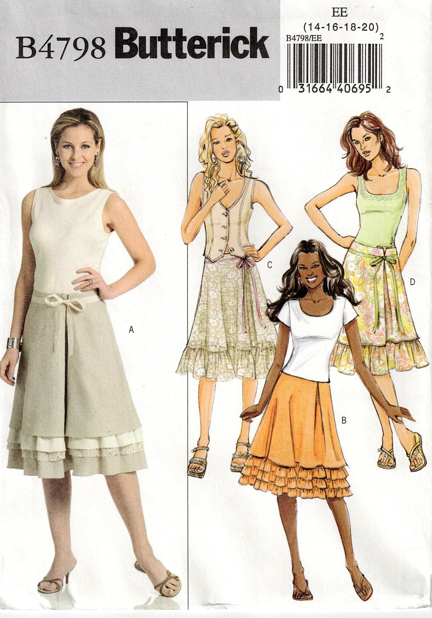 Butterick 4798 Womens Ruffled Skirts and Belt Out Of Print Sewing Pattern Size 14 - 20 UNCUT Factory Folded