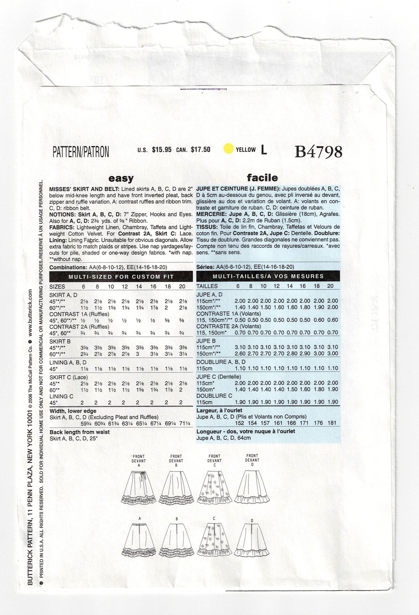 Butterick 4798 Womens Ruffled Skirts and Belt Out Of Print Sewing Pattern Size 14 - 20 UNCUT Factory Folded