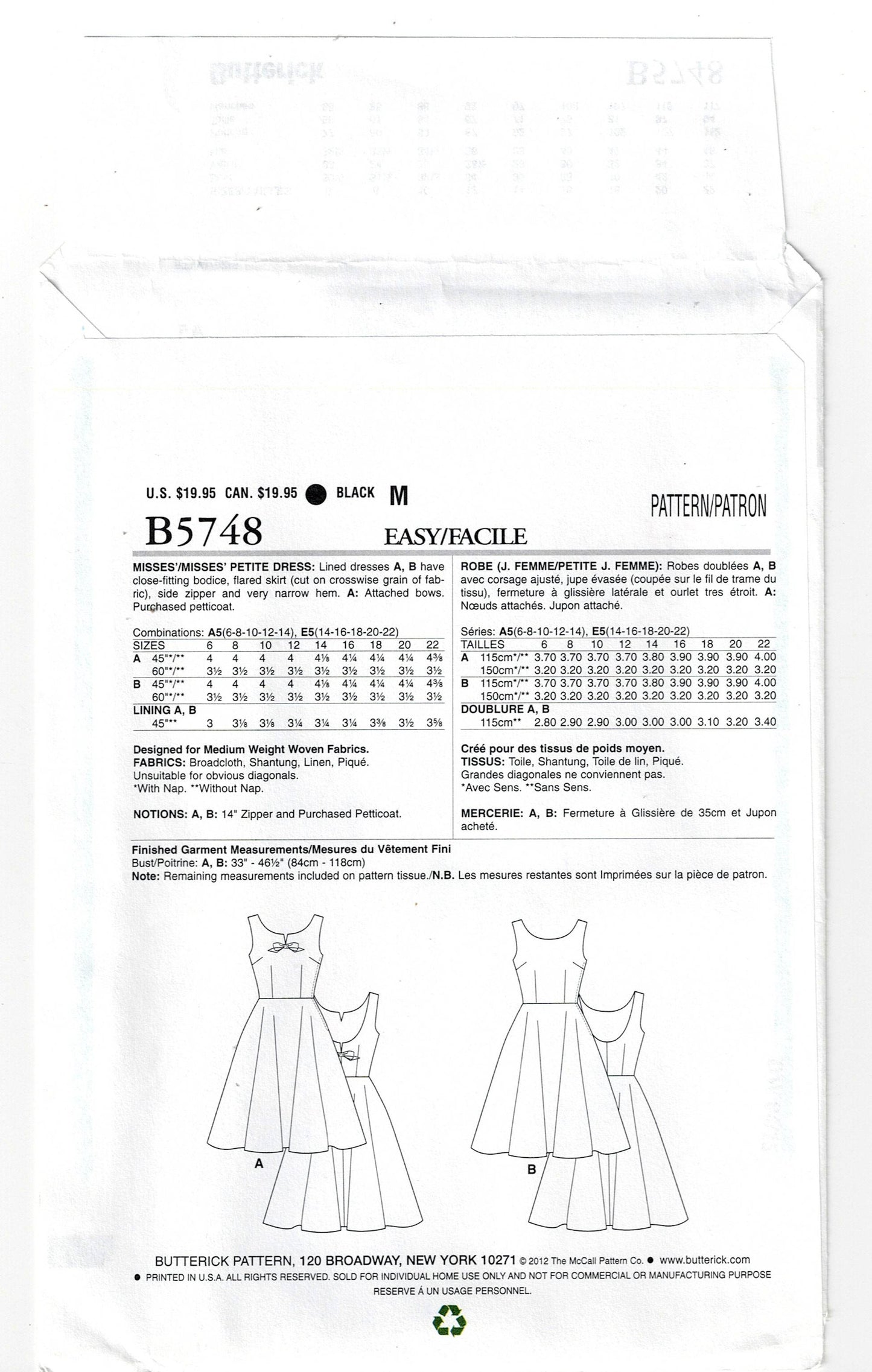 Butterick 5748 Womens Reissued 1960s Low Back Full Skirt Dress Sewing Pattern Size 6 - 14 UNCUT Factory Folded