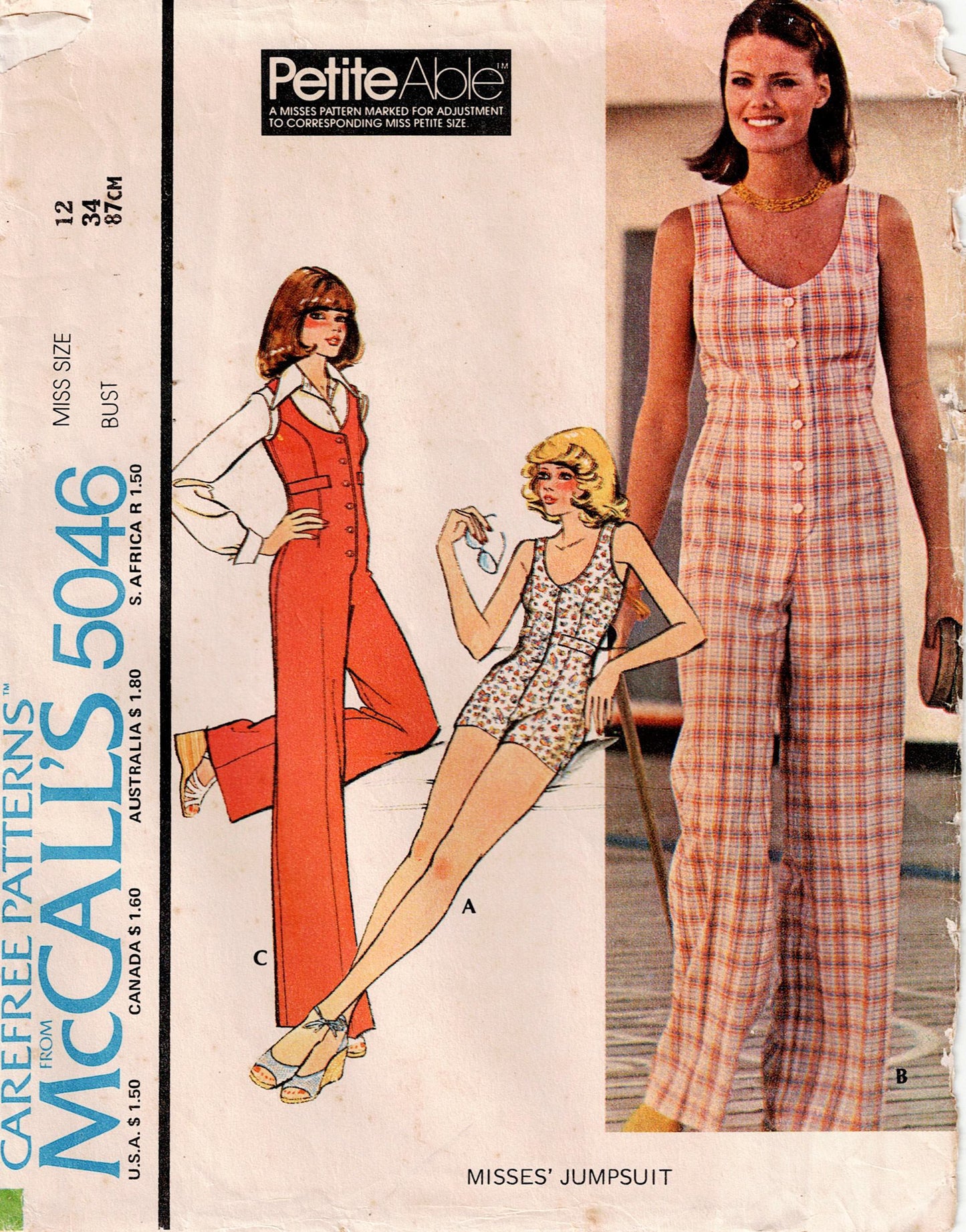 McCall's 5046 Womens Sleeveless Jumpsuit & Rompers 1970s Vintage Sewing Pattern Size 12 Bust 34 inches UNCUT Factory Folded