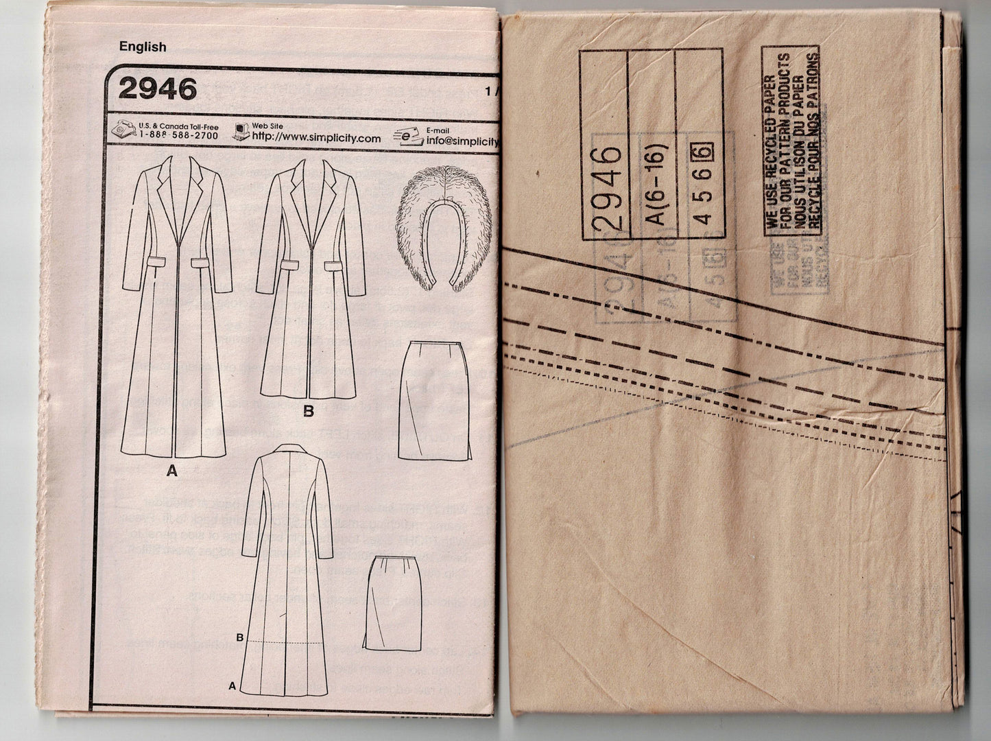 Style 2946 Womens Lined Princess Coat Jacket with Detachable Fur Collar & Skirt 1990s Vintage Sewing Pattern Size 6 - 16 UNCUT Factory Folded