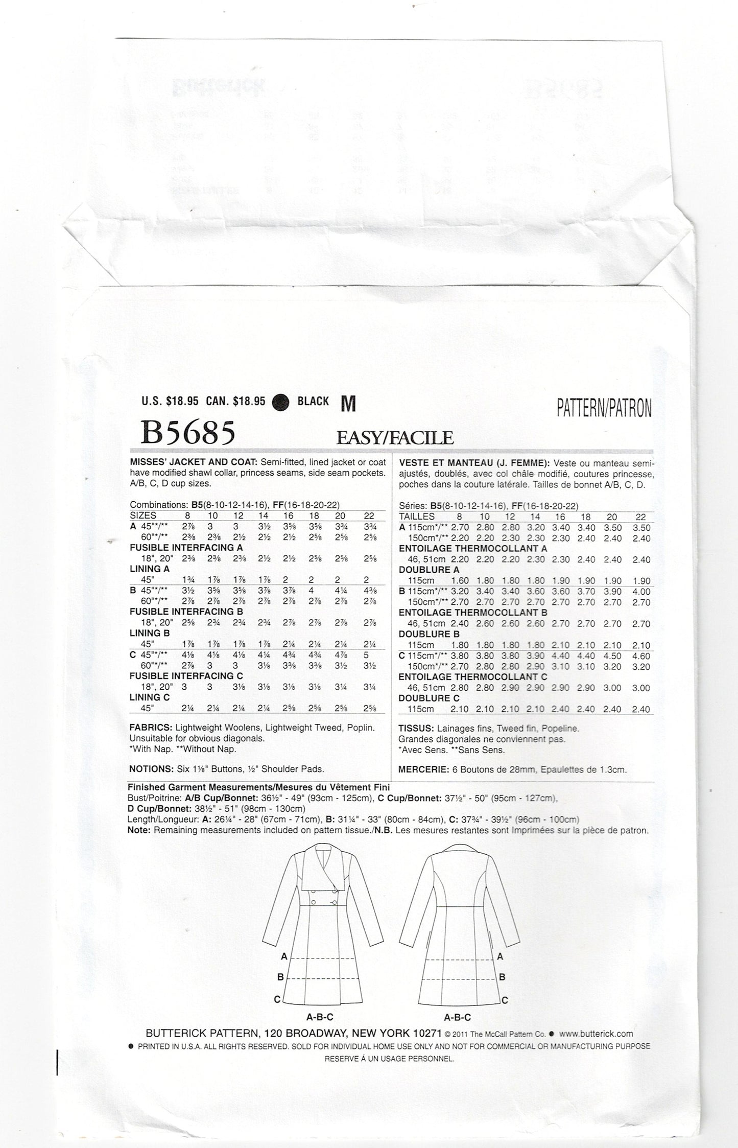 Butterick 5685 Womens Wide Collar Fit & Flared Princess Coat Out Of Print Sewing Pattern Size 8 - 16 UNCUT Factory Folded