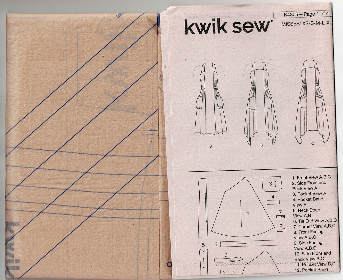 Kwik Sew 4305 Womens Side Gathered Halter Full Aprons Out Of Print Sewing Pattern Size XS - XL UNCUT Factory Folded