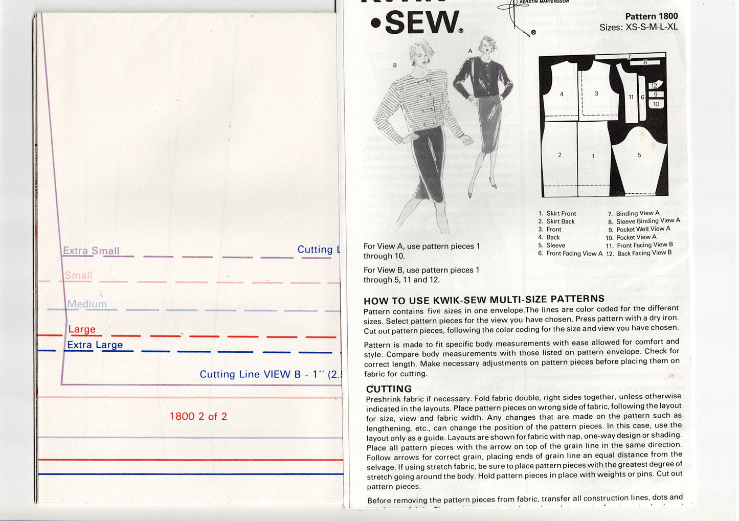 Kwik Sew 1800 Womens Stretch Cropped Jacket & Straight Skirt 1980s Vintage Sewing Pattern Size XS - XL UNCUT Factory Folded