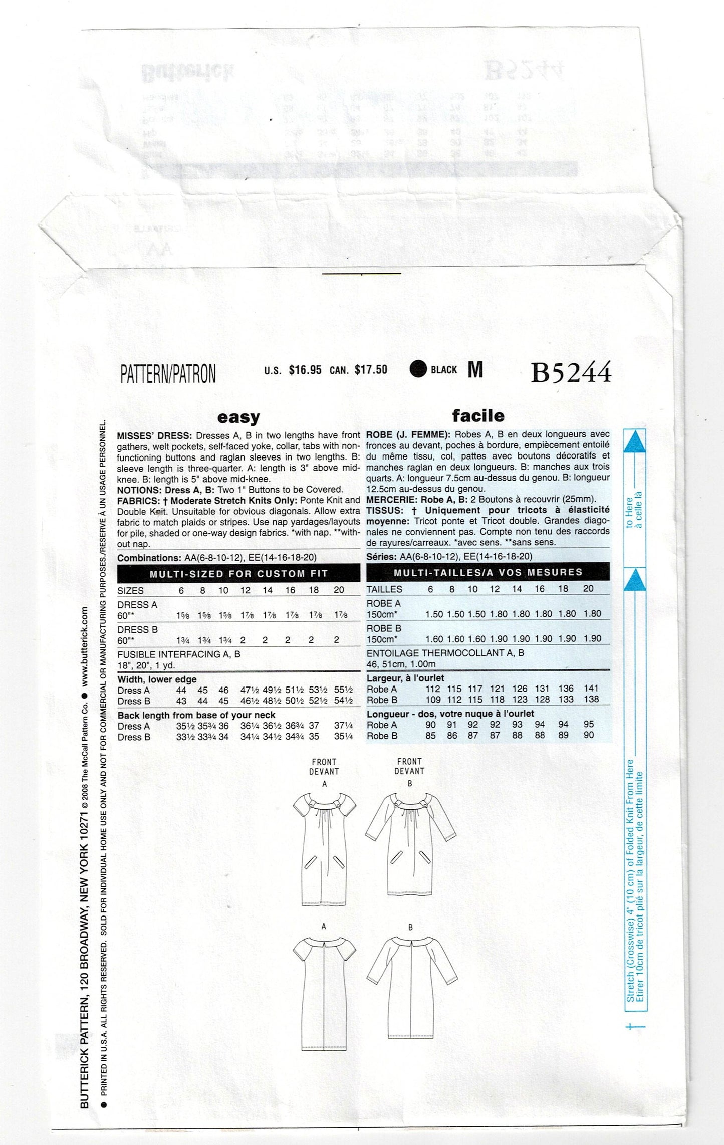 Butterick 5244 MUSE Womens Raglan Sleeved Shift Dress with Pockets Out Of Print Sewing Pattern Size 6 - 12 UNCUT Factory Folded