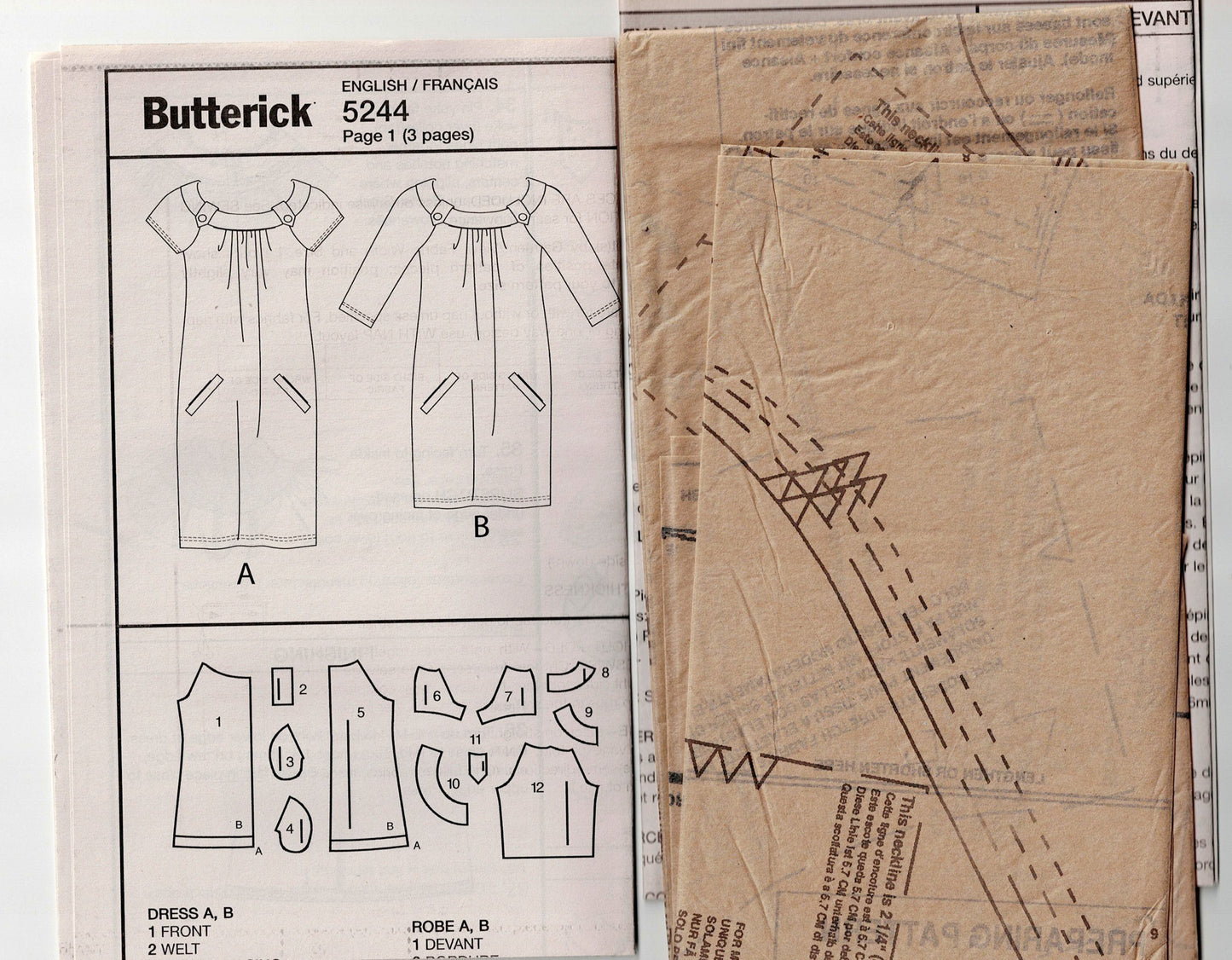 Butterick 5244 MUSE Womens Raglan Sleeved Shift Dress with Pockets Out Of Print Sewing Pattern Size 6 - 12 UNCUT Factory Folded