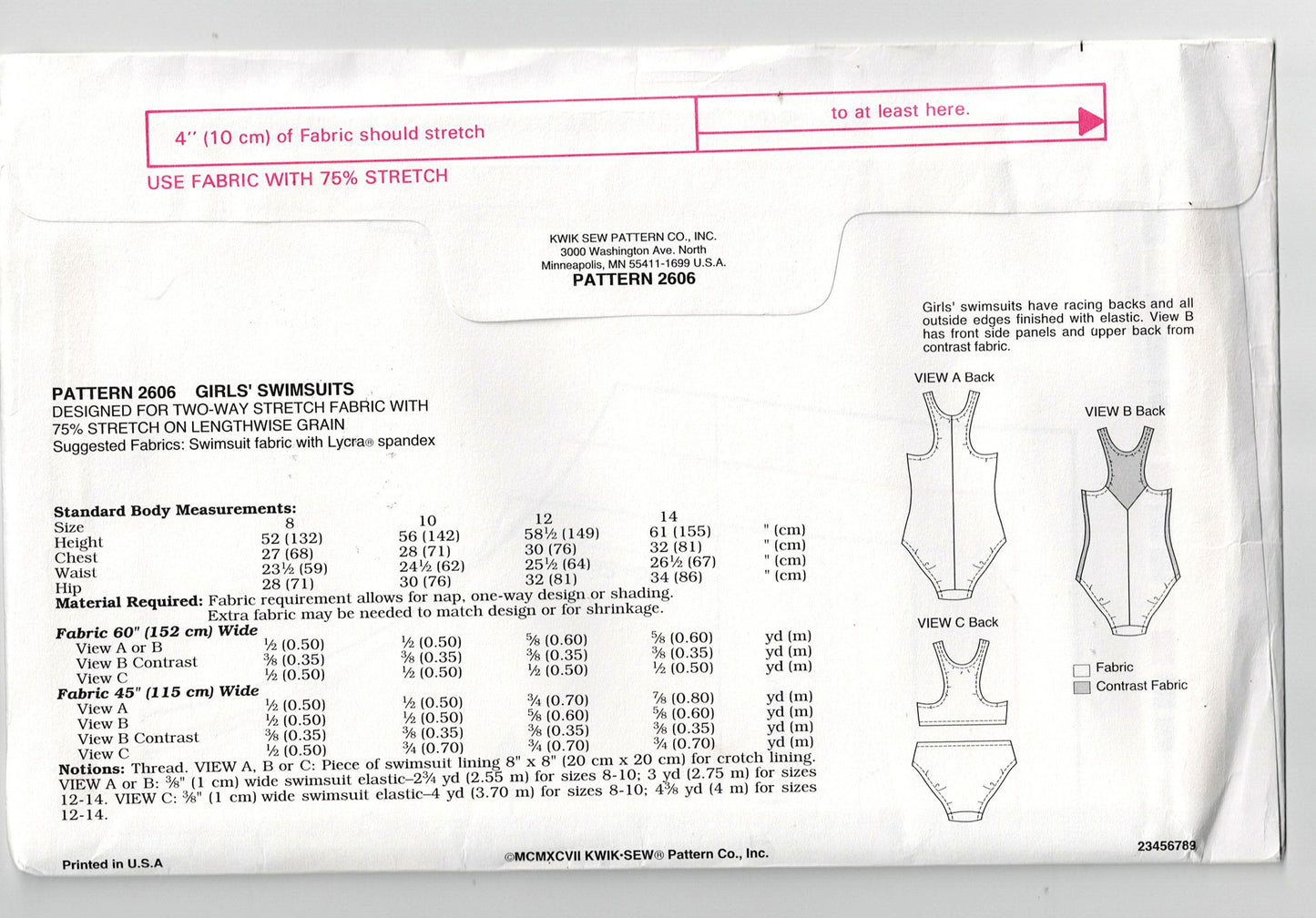 Kwik Sew 2606 Girls Stretch Swimsuits 1990s Vintage Sewing Pattern Size 8 - 14 UNCUT Factory Folded