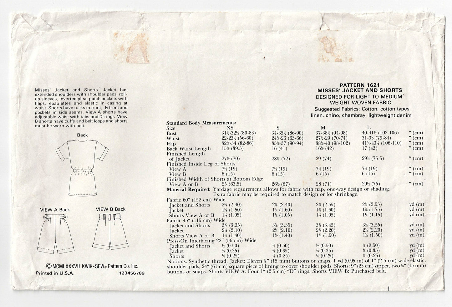 Kwik Sew 1621 Womens Safari Jacket & Shorts 1970s Vintage Sewing Pattern Size XS - L UNCUT Factory Folded