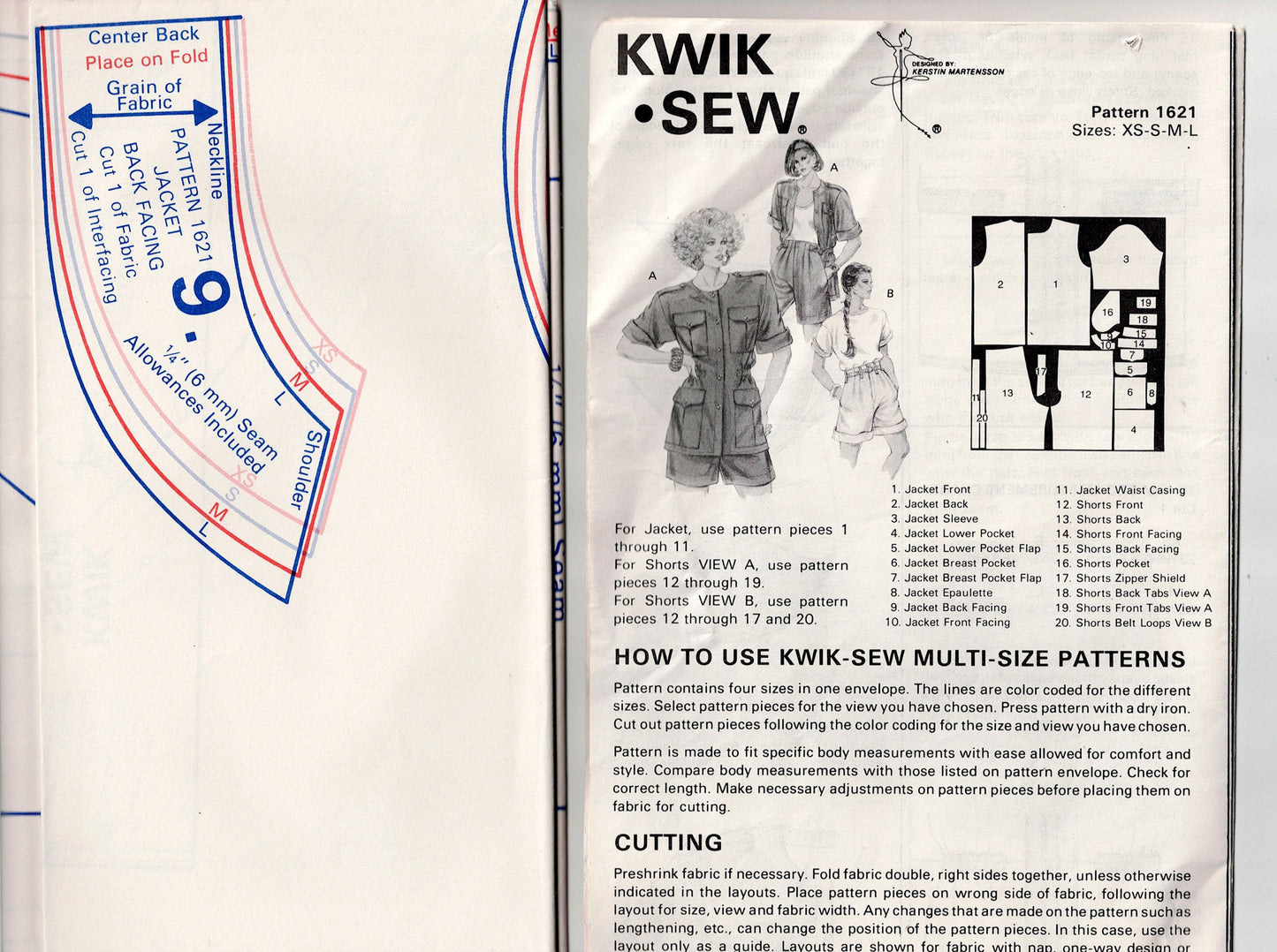 Kwik Sew 1621 Womens Safari Jacket & Shorts 1970s Vintage Sewing Pattern Size XS - L UNCUT Factory Folded