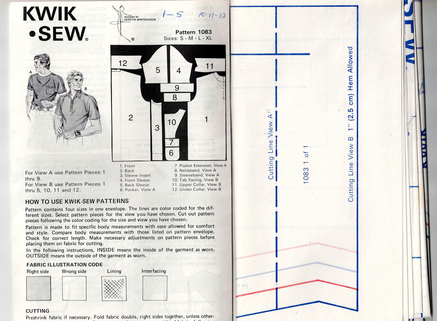 Kwik Sew 1083 Mens Stretch Knit Crew Neck or Collared T Shirt 1980s Vintage Sewing Pattern Size S - XL UNCUT Factory Folded