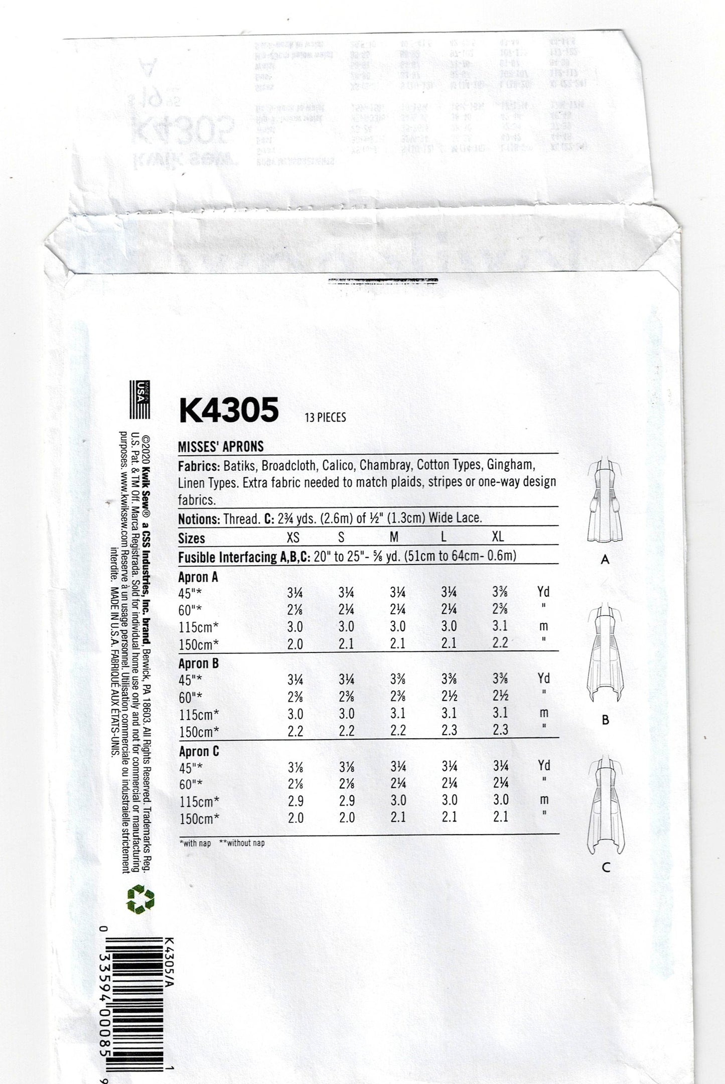 Kwik Sew 4305 Womens Side Gathered Halter Full Aprons Out Of Print Sewing Pattern Size XS - XL UNCUT Factory Folded
