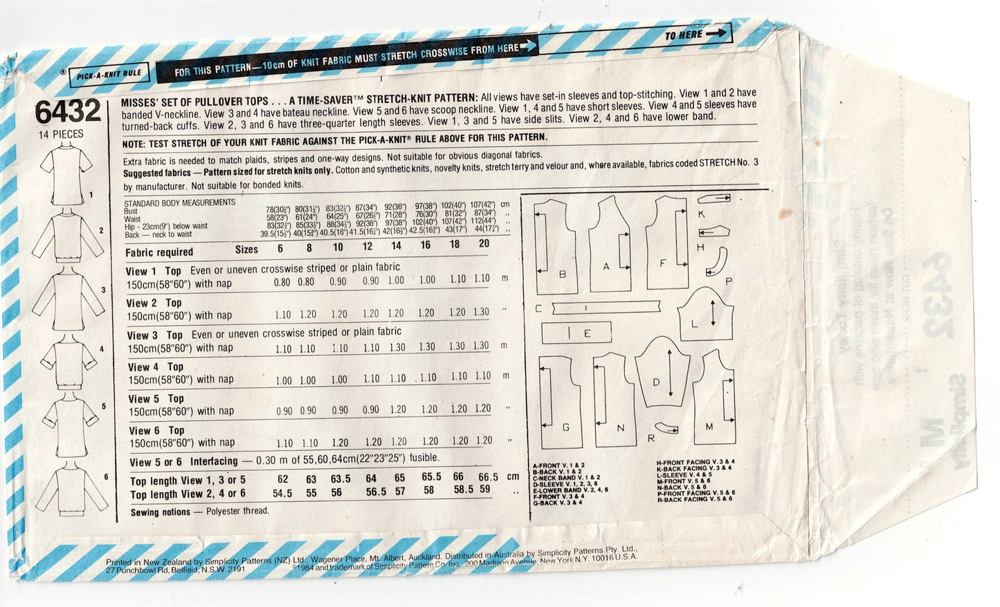Simplicity 6432 Womens EASY Pullover Stretch Tops 1980s Vintage Sewing Pattern Size 12 - 16 UNCUT Factory Folded