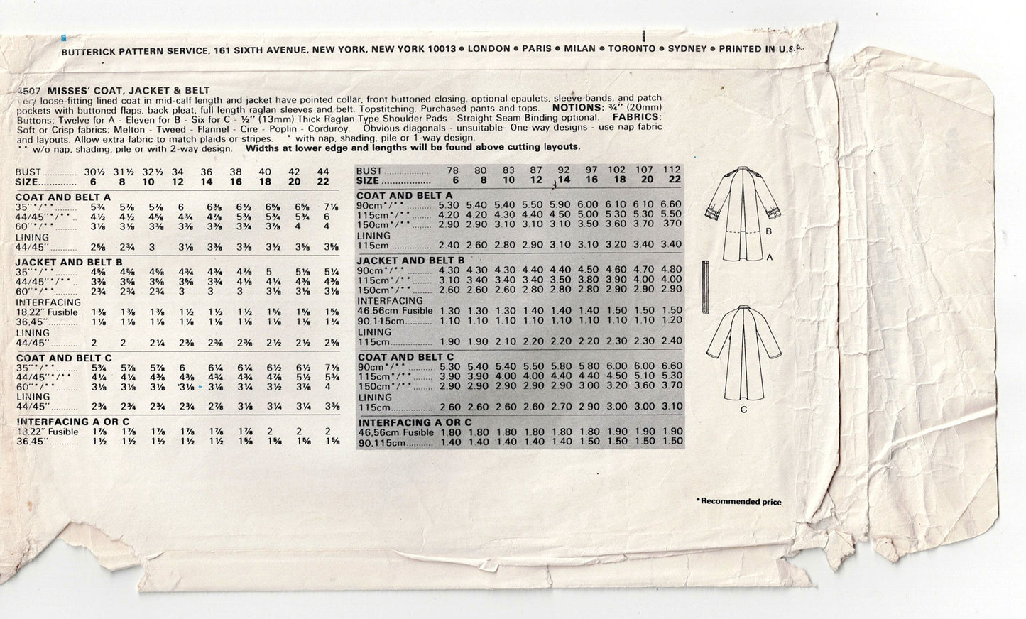Butterick 4507 Womens Lined Raglan Sleeved Overcoat 1980s Vintage Sewing Pattern Size 18 - 22 UNCUT Factory Folded