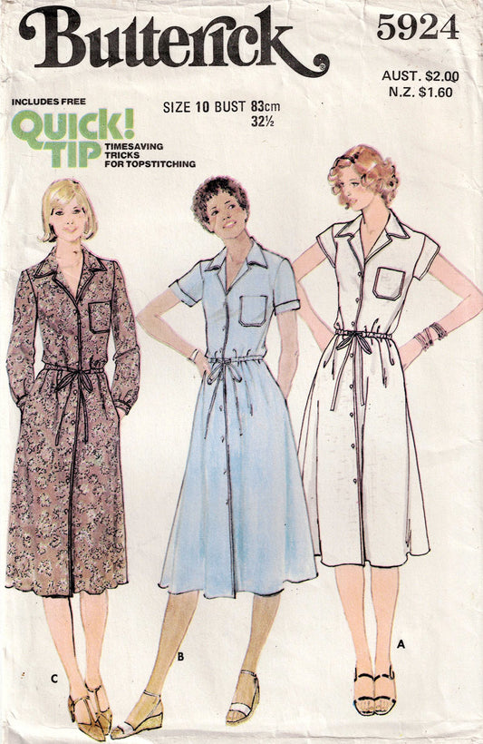 Butterick 5924 Womens Button Front Shirtdress with Pockets 1970s Vintage Sewing Pattern Size 10 Bust 32.5 inches UNCUT Factory Folded