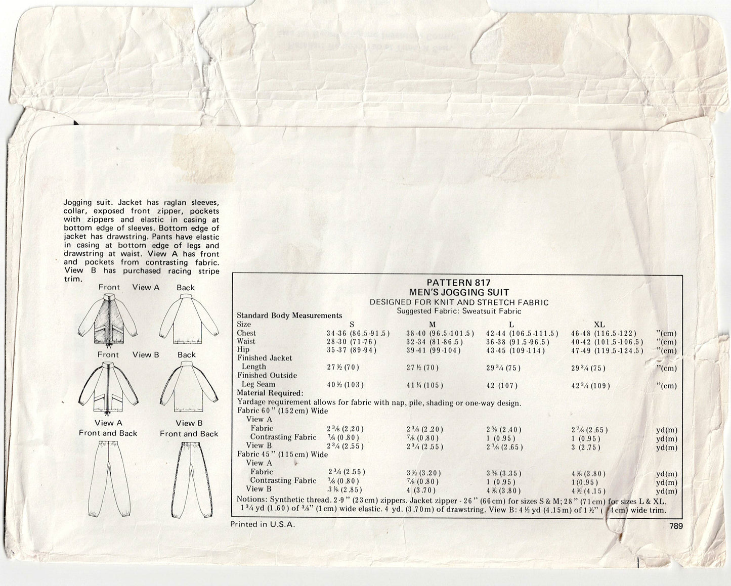 Kwik Sew 817 Mens Stretch Knit Zip Front Jogging Suit 1970s Vintage Sewing Pattern Size S - XL UNCUT Factory Folded