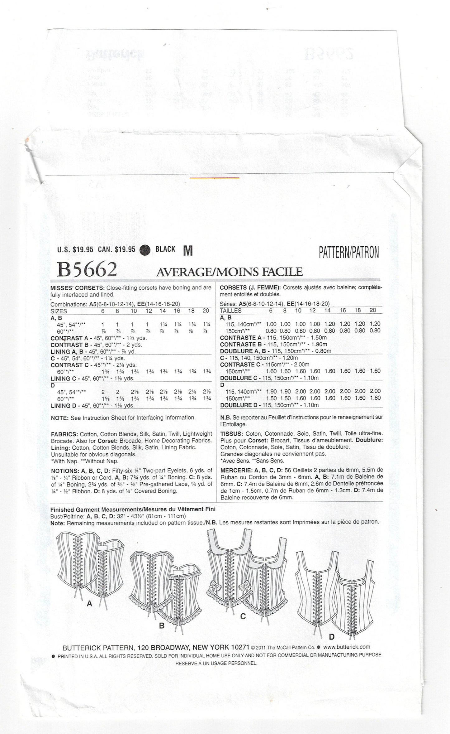 Butterick 5662 MAKING HISTORY Womens Boned Laced Front Corsets Out Of Print Sewing Pattern Sizes 6 - 14 UNCUT Factory Folded
