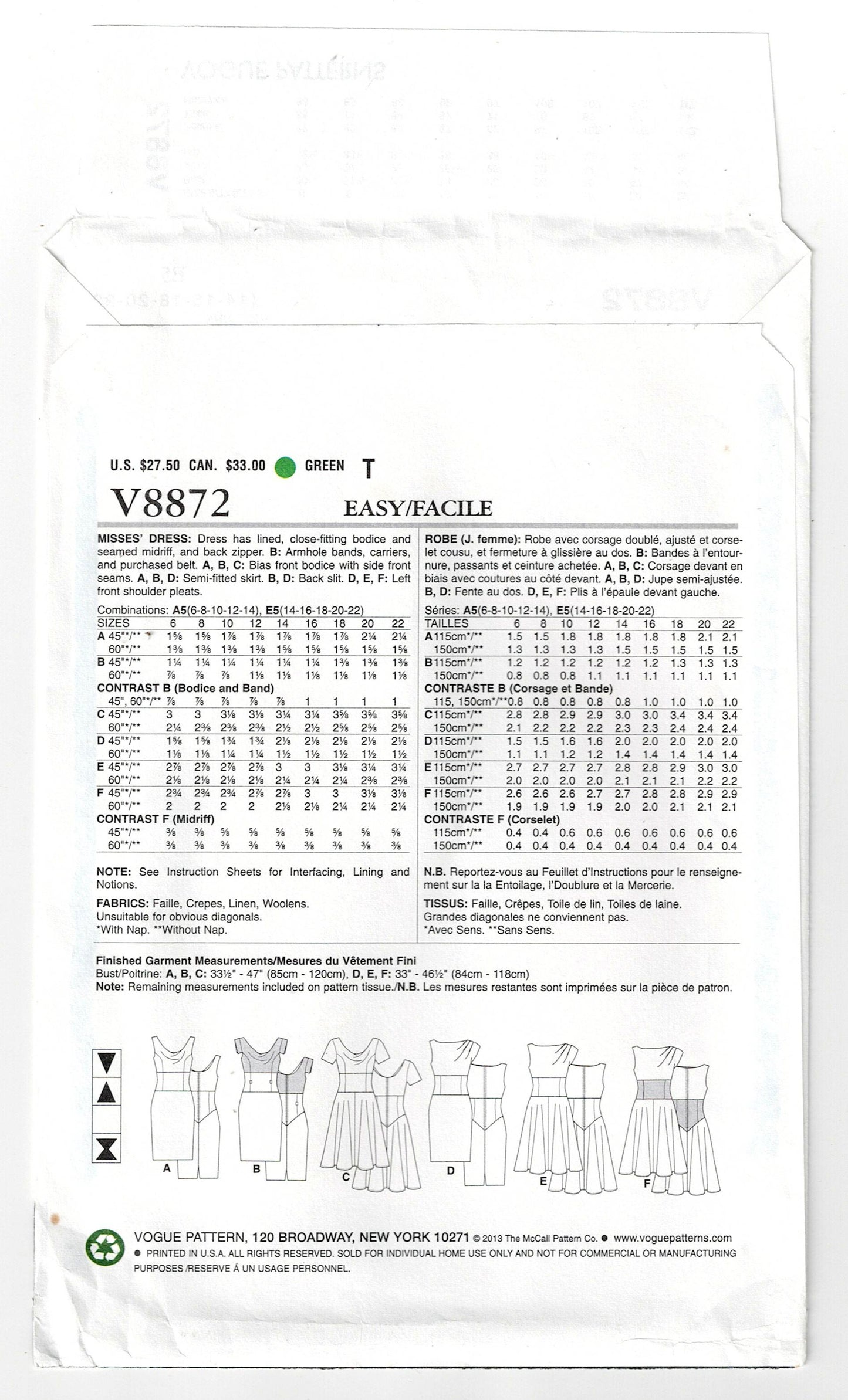 Vogue 9972 Womens Fitted Midriff Asymmetric Sheath or Full Skirt Dress Out Of Print Sewing Pattern Size 14 - 22 UNCUT Factory Folded