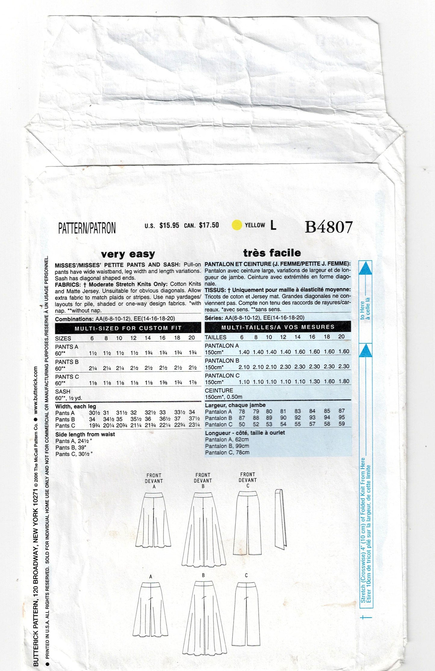 Butterick 4807 Womens Stretch Knit Gauchos & Pants Out Of Print Sewing Pattern Size 6 - 12 UNCUT Factory Folded