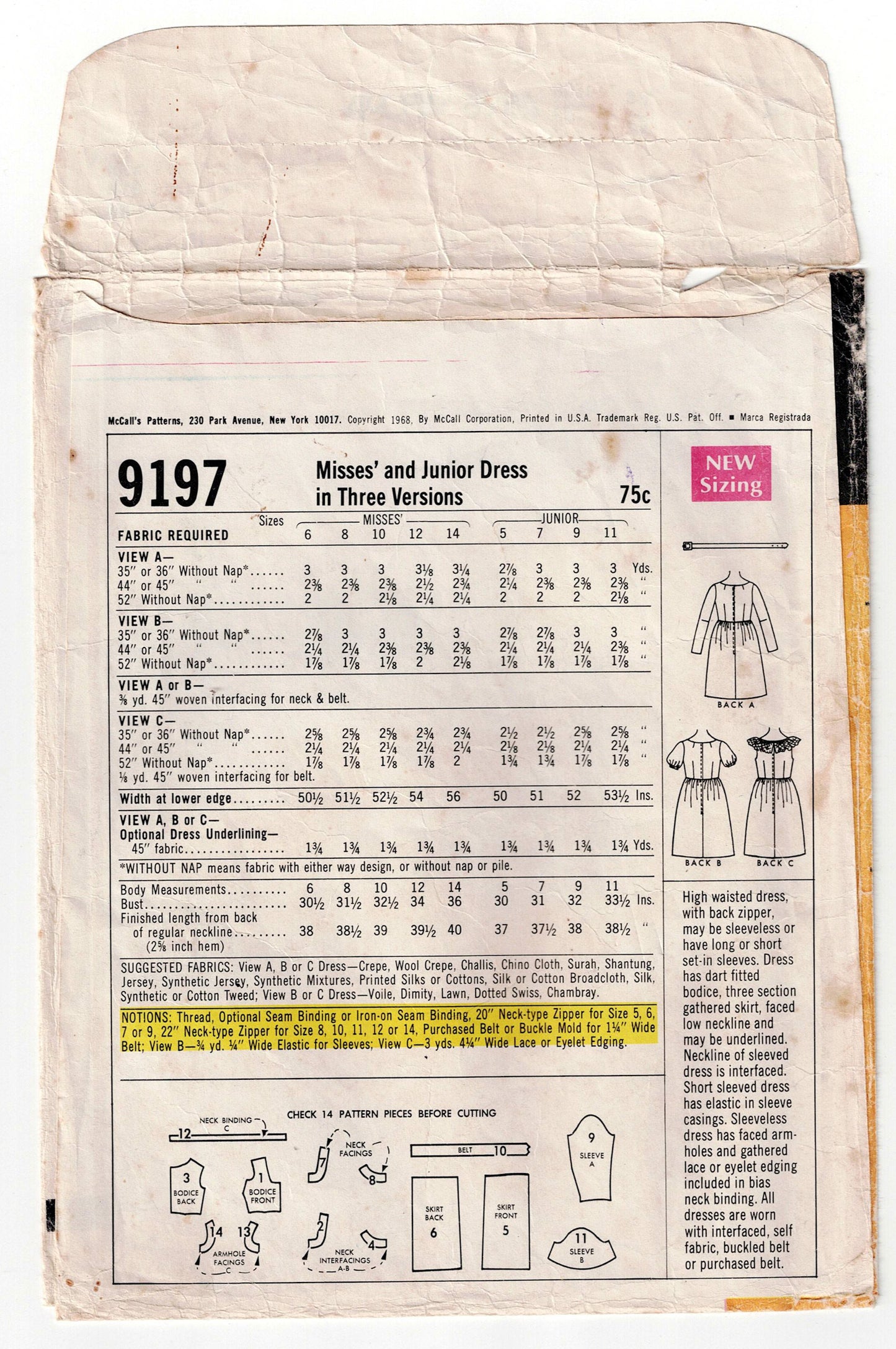McCall's 9197 Womens High Waisted Dress in 3 Versions 1960s Vintage Sewing Pattern Size 12 Bust 34 inches UNCUT Factory Folded