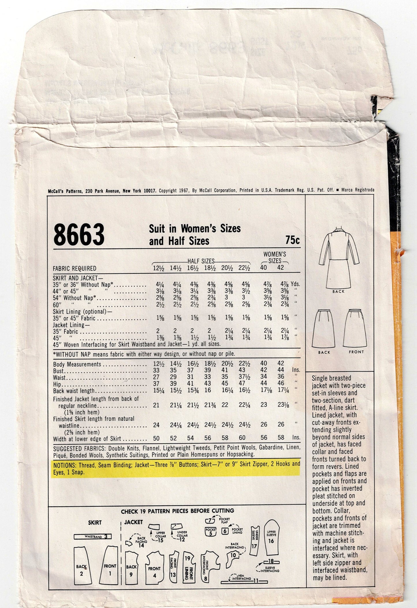 McCall's 8663 Womens Half Sized Skirt Suit 1960s Vintage Sewing Pattern Bust 33 Inches
