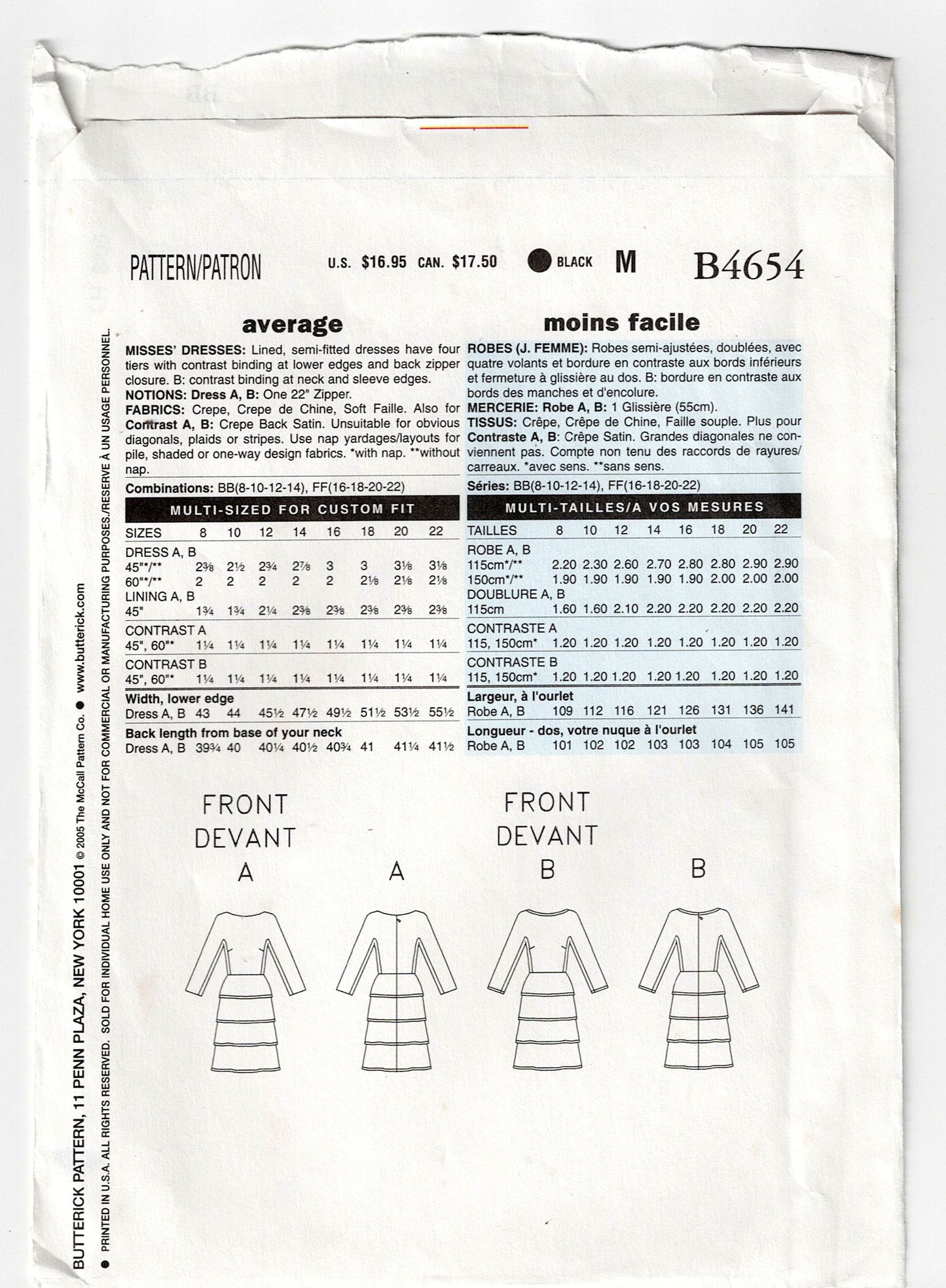 Butterick 4654 MAGGY BOUTIQUE Womens Tiered Sheath Dress Out Of Print Sewing Pattern Sizes 8 - 14 UNCUT Factory Folded