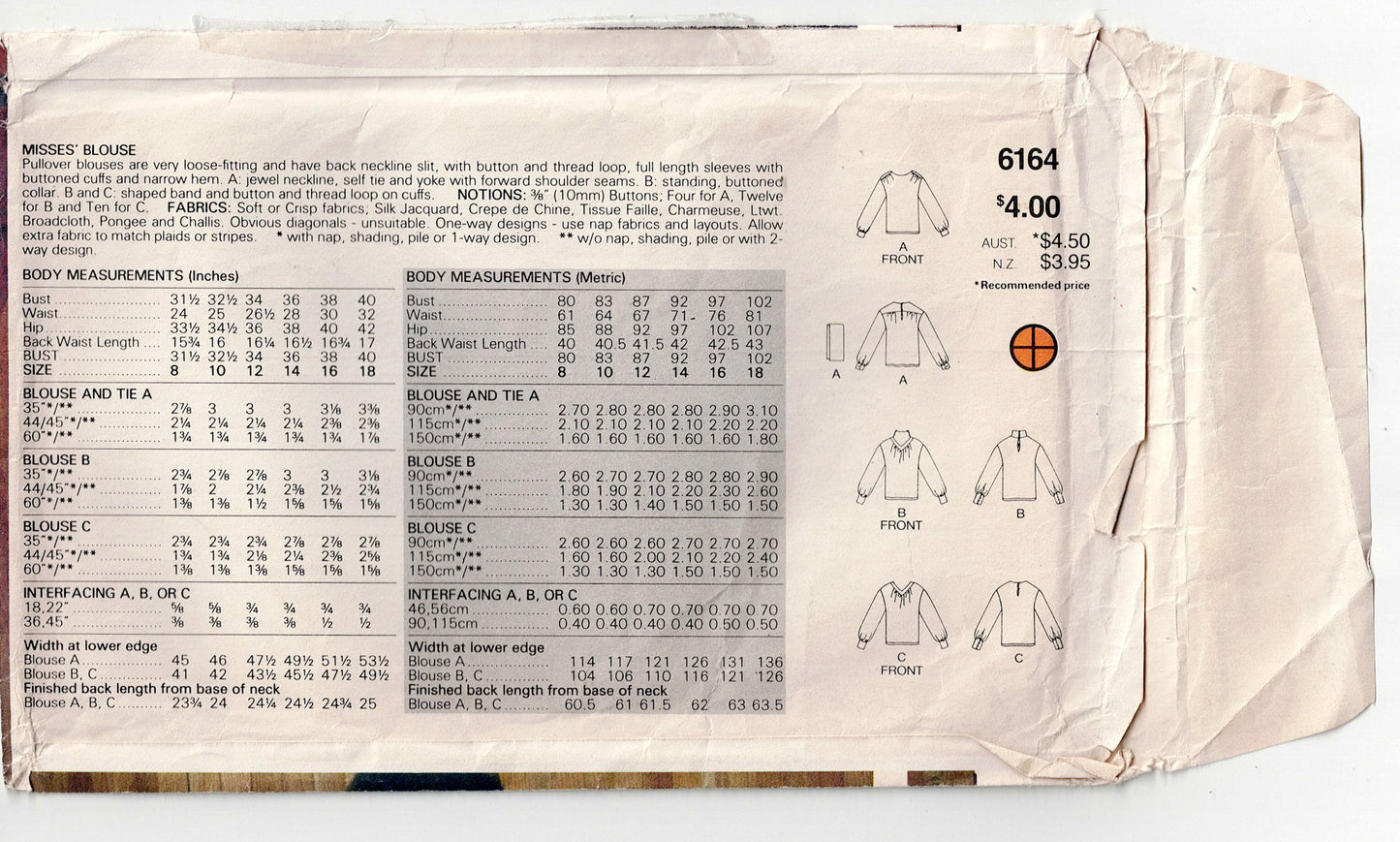 Butterick 6164 ELLEN TRACY Womens High Neck Pullover Blouses 1980s Vintage Sewing Pattern Size 14 - 18 UNCUT Factory Folded