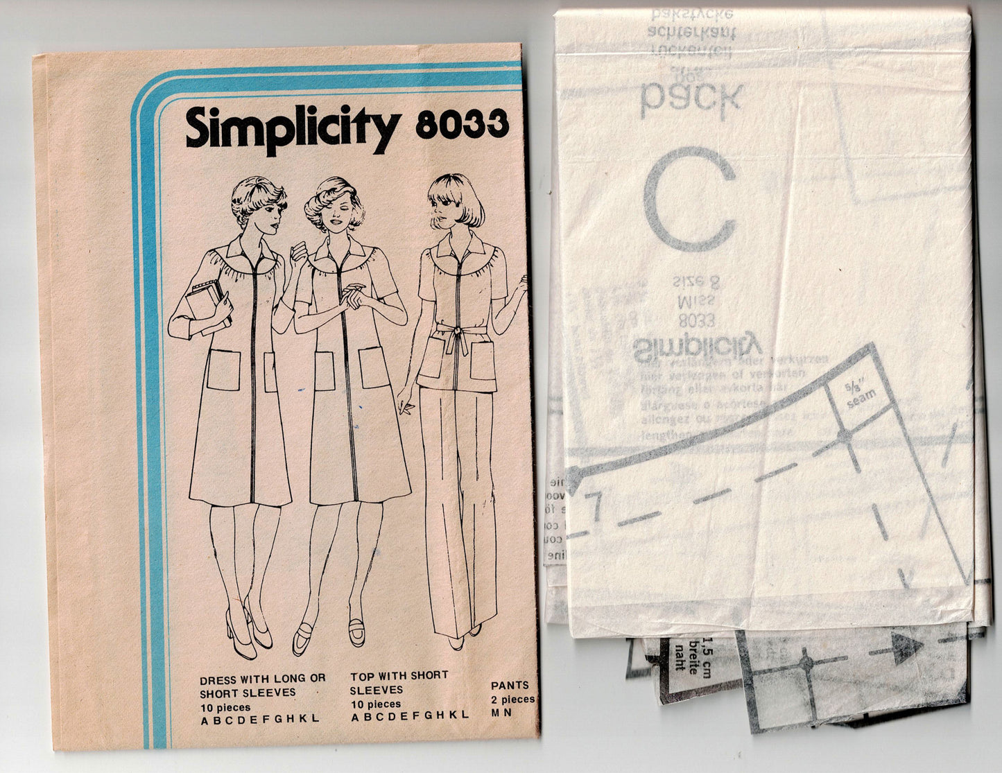 Simplicity 8033 Womens Zip Front Round Yoked Dress Top & Pants 1970s Vintage Sewing Pattern Size 8 Bust 31.5 inches