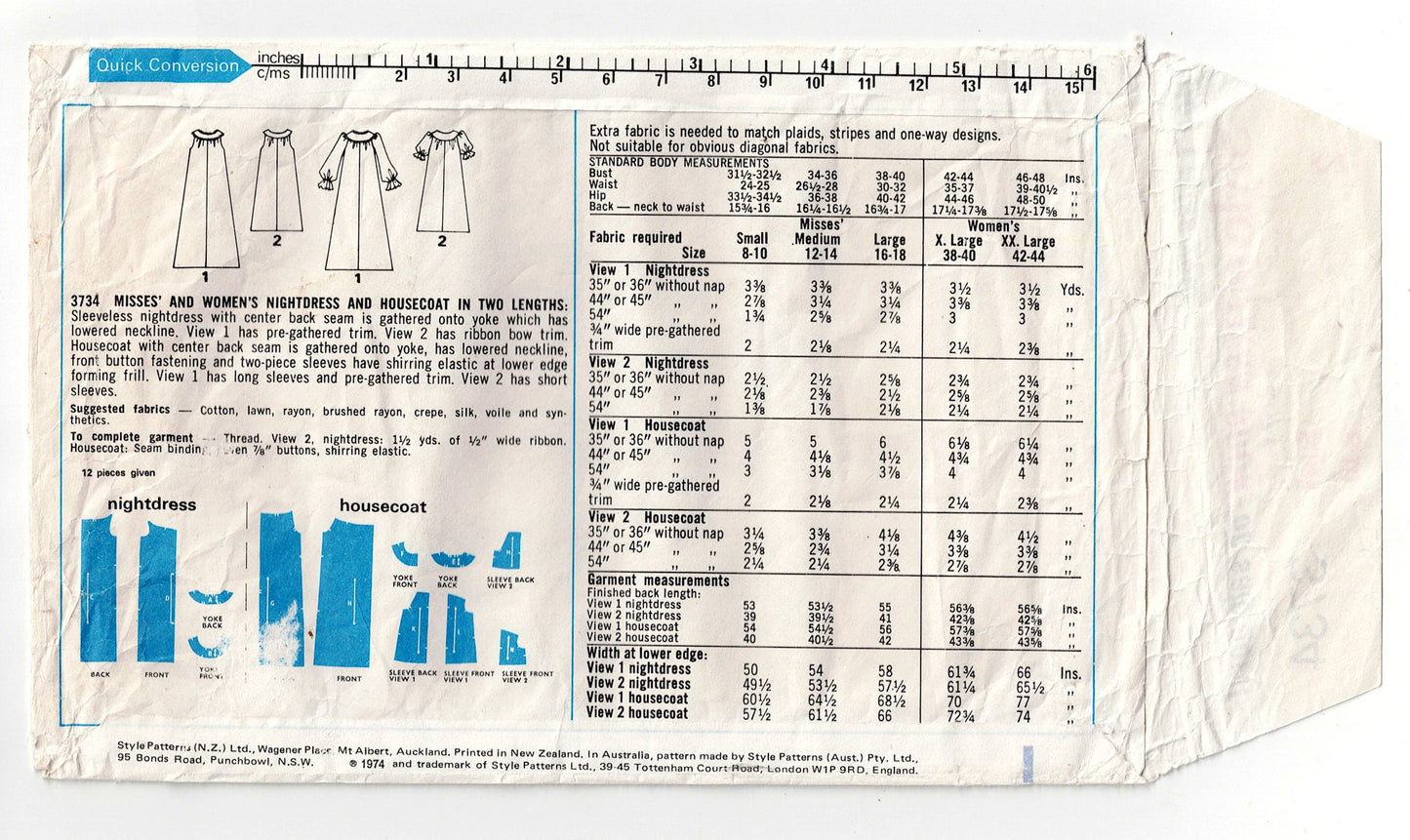 Style 3734 Womens Round Yoked Nightgowns & House Coat 1970s Vintage Sewing Pattern Size SMALL 8 - 10