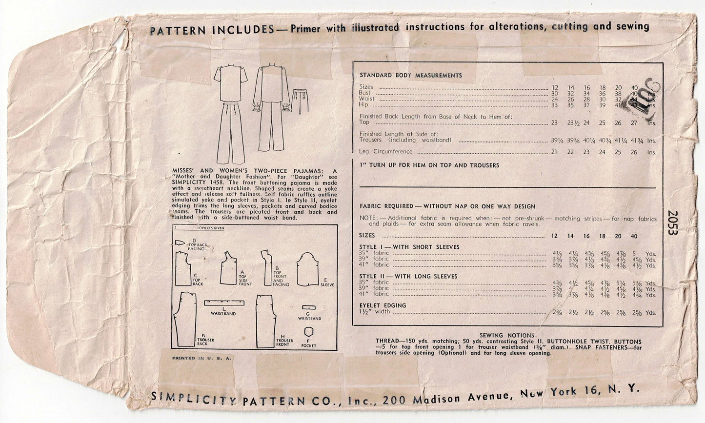 Simplicity 2053 Womens Lounging Pyjamas 1940s Vintage Sewing Pattern Bust 38 inches