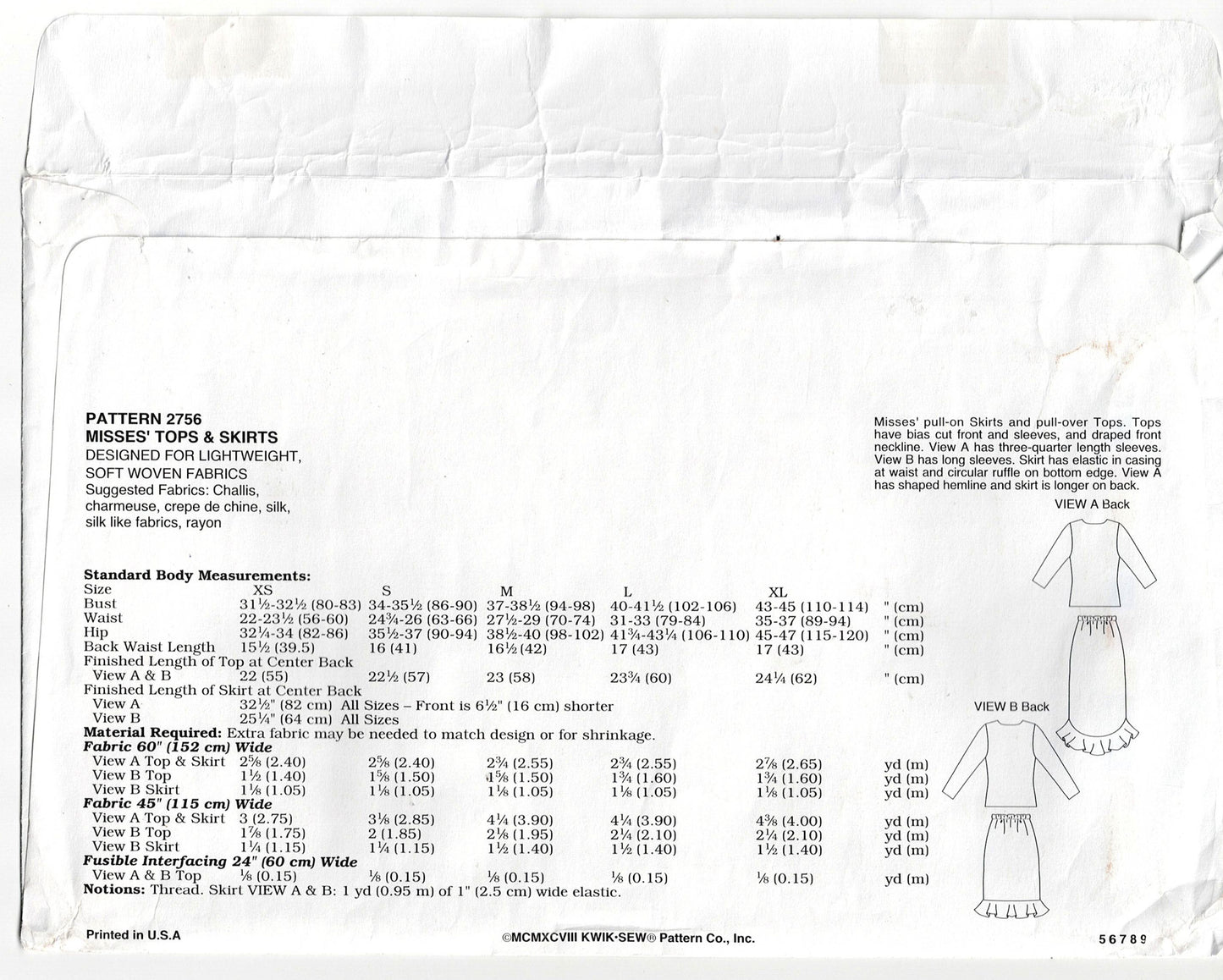 Kwik Sew 2756 Womens Draped Neck Top & Hi Lo Hem Skirt 1990s Vintage Sewing Pattern Size XS - XL UNCUT Factory Folded