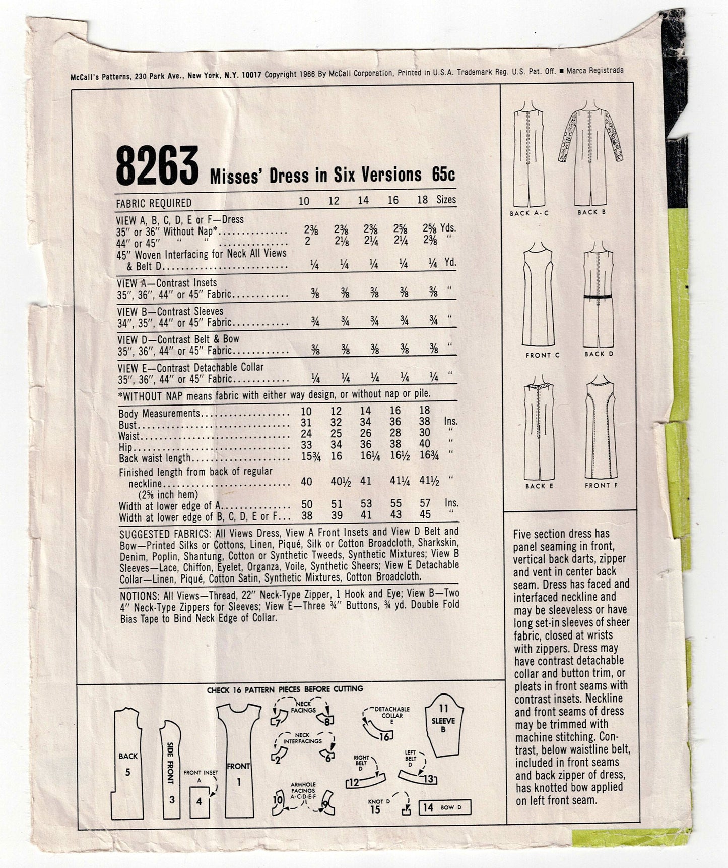 McCall's 8263 Womens Panelled Evening Sheath Dress 1960s Vintage Sewing Pattern Size 12 Bust 32 inches UNCUT Factory Folded