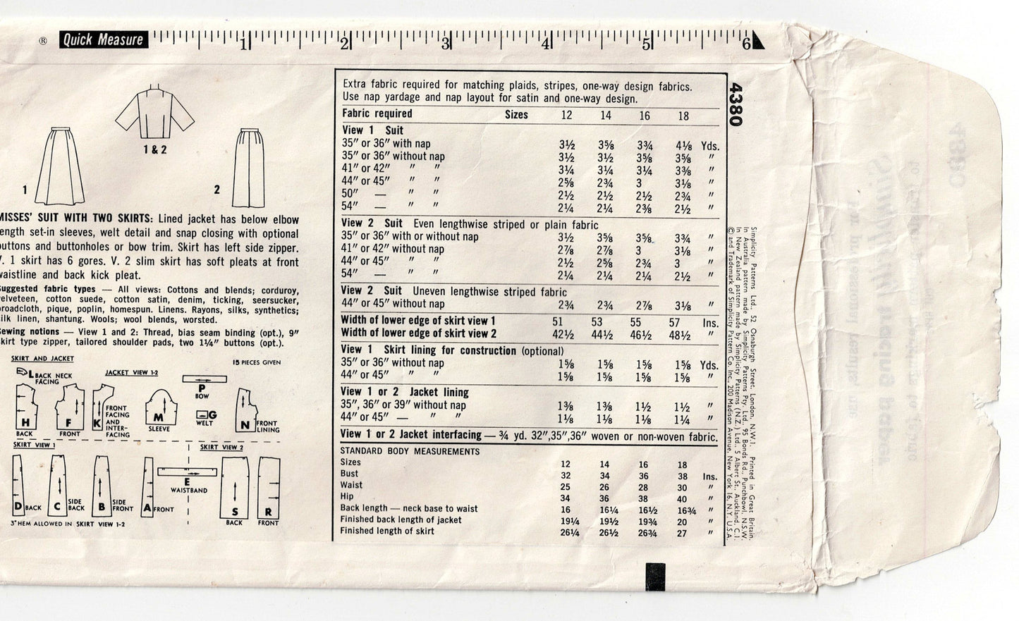 Simplicity 4380 Womens MOD Suit with 2 Skirts 1960s Vintage Sewing Pattern Size 16 Bust 36 inches UNUSED Factory Folded