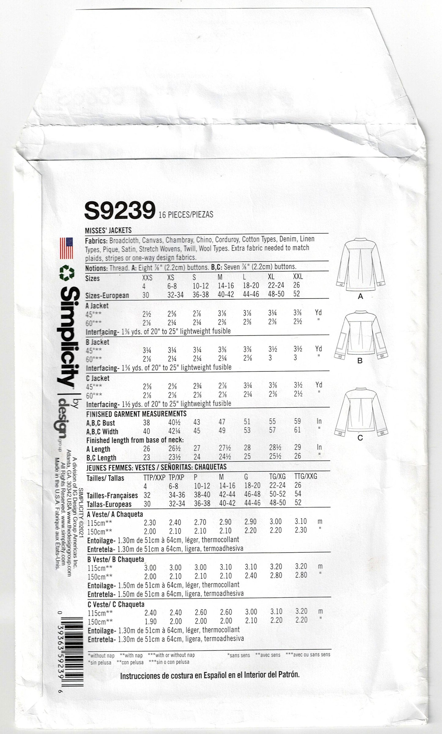 Simplicity 9239 Womens Casual Jackets Sewing Pattern Sizes XXS - XXL UNCUT Factory Folded
