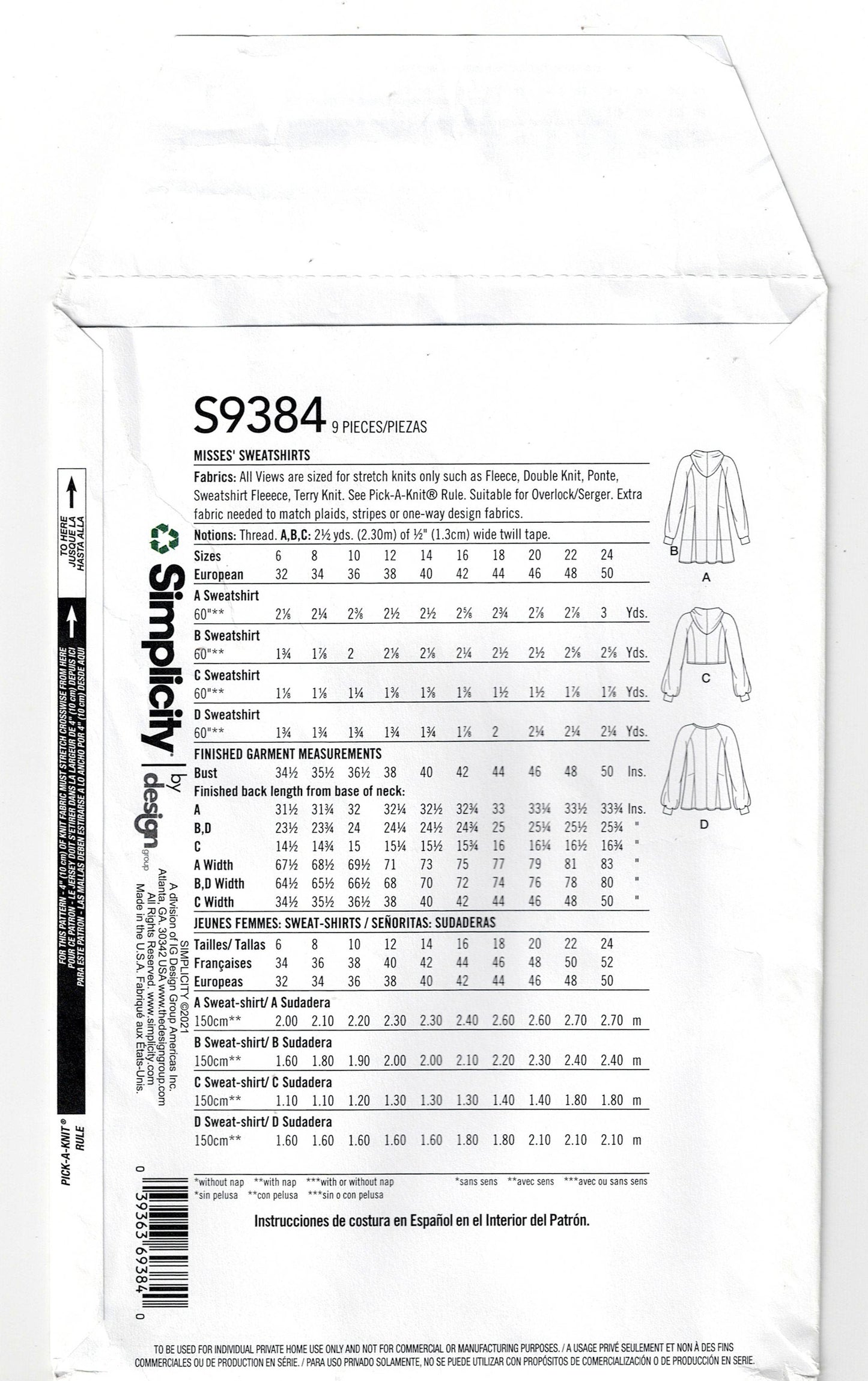 Simplicity 9384 Womens Stretch Knit Pullover Pleated Sweatshirts Sewing Pattern Size 16 - 24 UNCUT Factory Folded