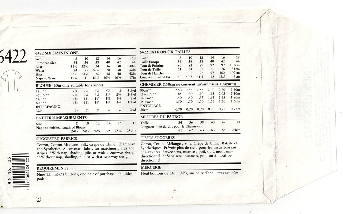 New Look 6422 Womens Double Breasted Tops 1980s Vintage Sewing Pattern Size 8 - 18 UNCUT Factory Folded