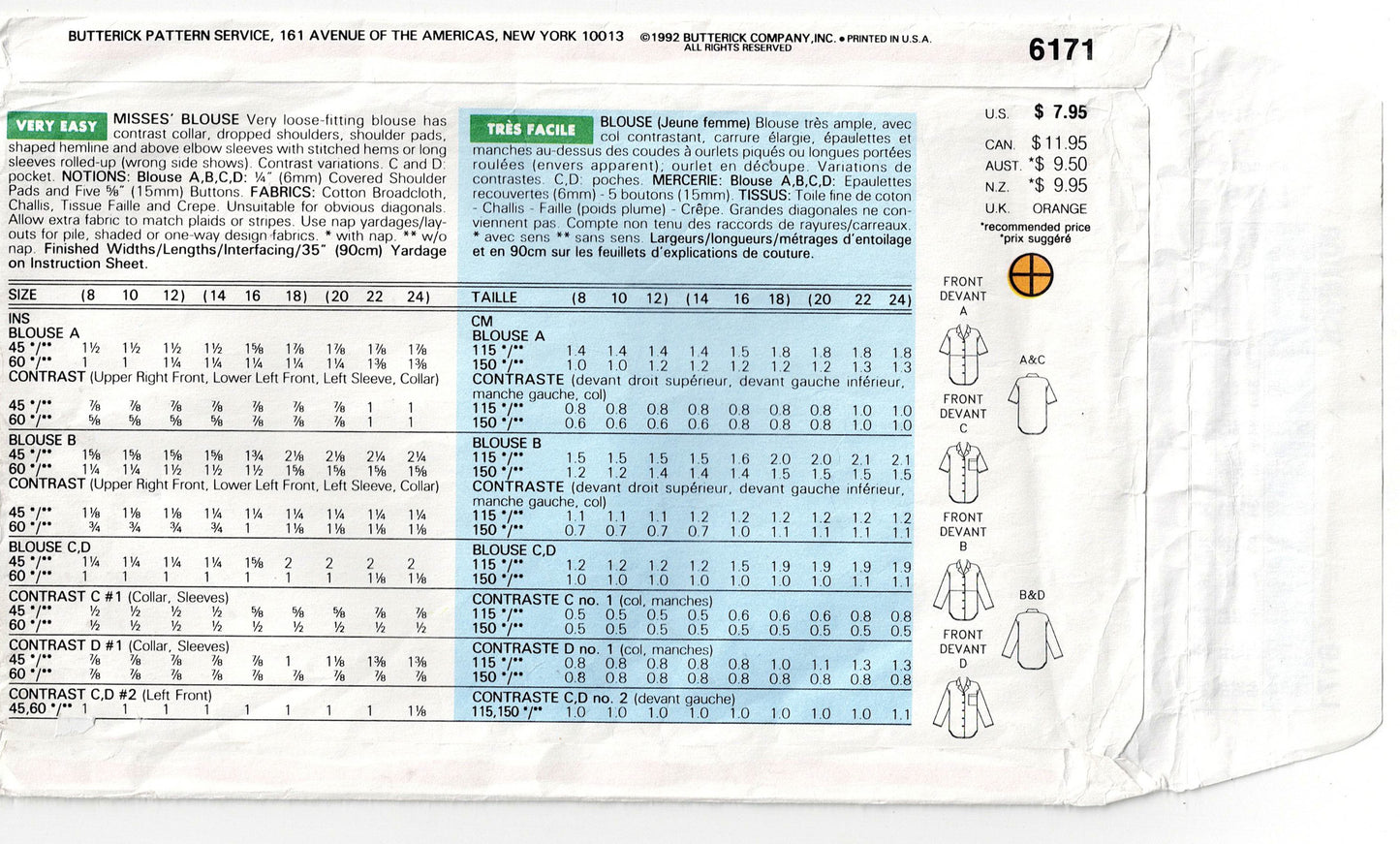 Butterick 6171 Womens Colour Block Shirts 1990s Vintage Sewing Pattern Size 14 - 18 UNCUT Factory Folded