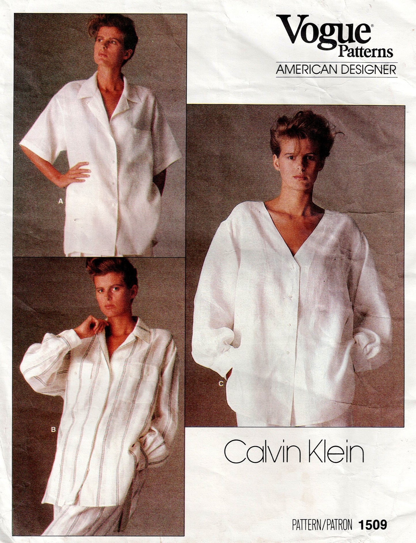 Vogue American Designer 1509 CALVIN KLEIN Womens Blouse Boyfriend Shirt 1980s Vintage Sewing Pattern Size 12 Bust 34 inches UNCUT Factory Folded