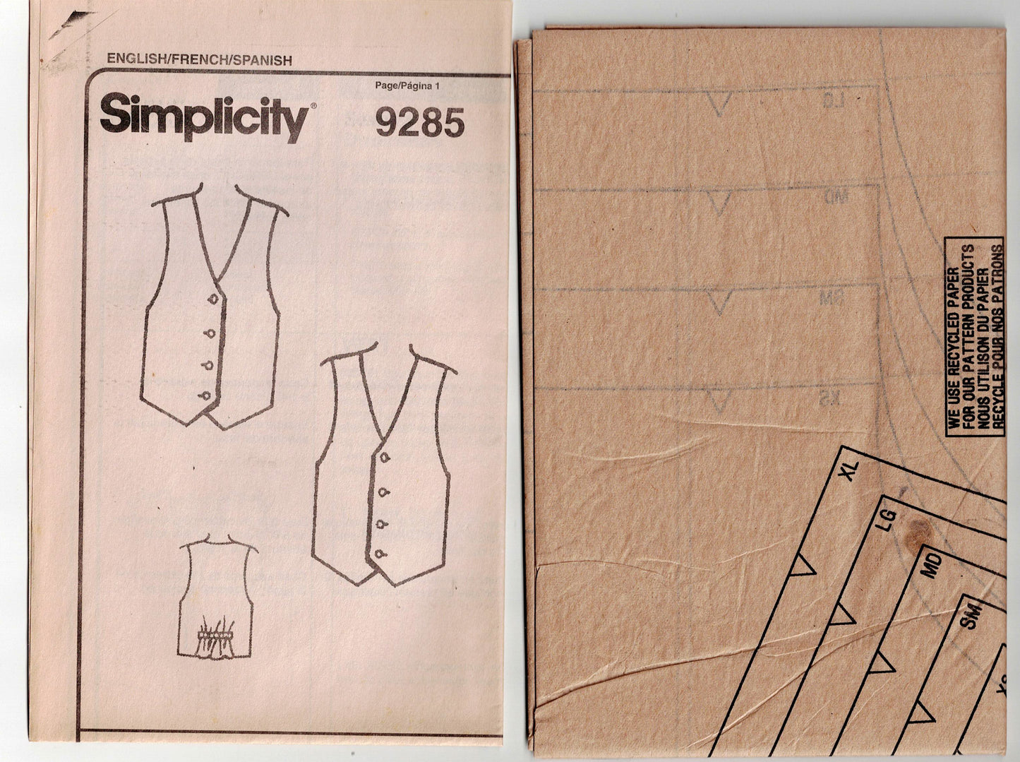 Simplicity 9285 Mens Womens Teens Unisex Vest 1990s Vintage Sewing Pattern Size XS - XL UNCUT Factory Folded