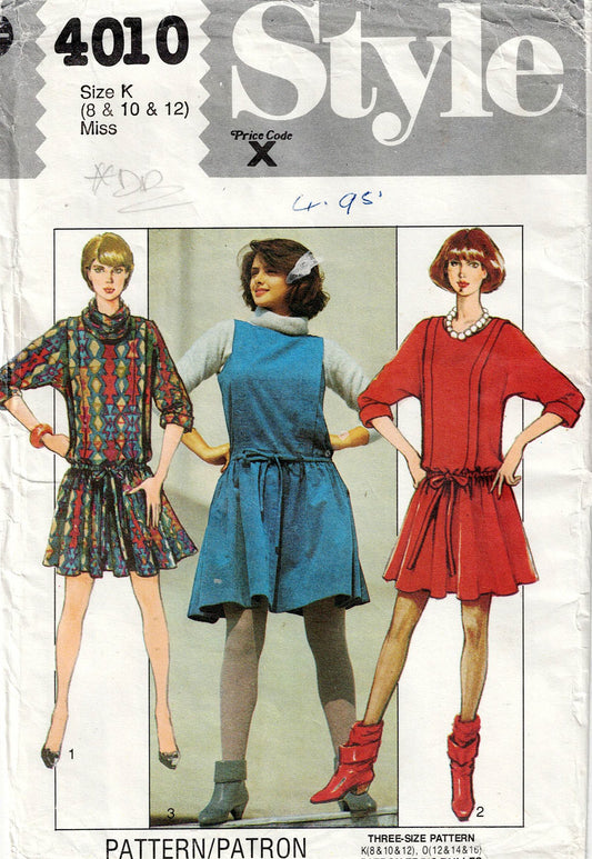 Style 4010 Womens Dropped Waist Dress or Pinafore 1980s Vintage Sewing Pattern Size 8 - 12 UNCUT Factory Folded