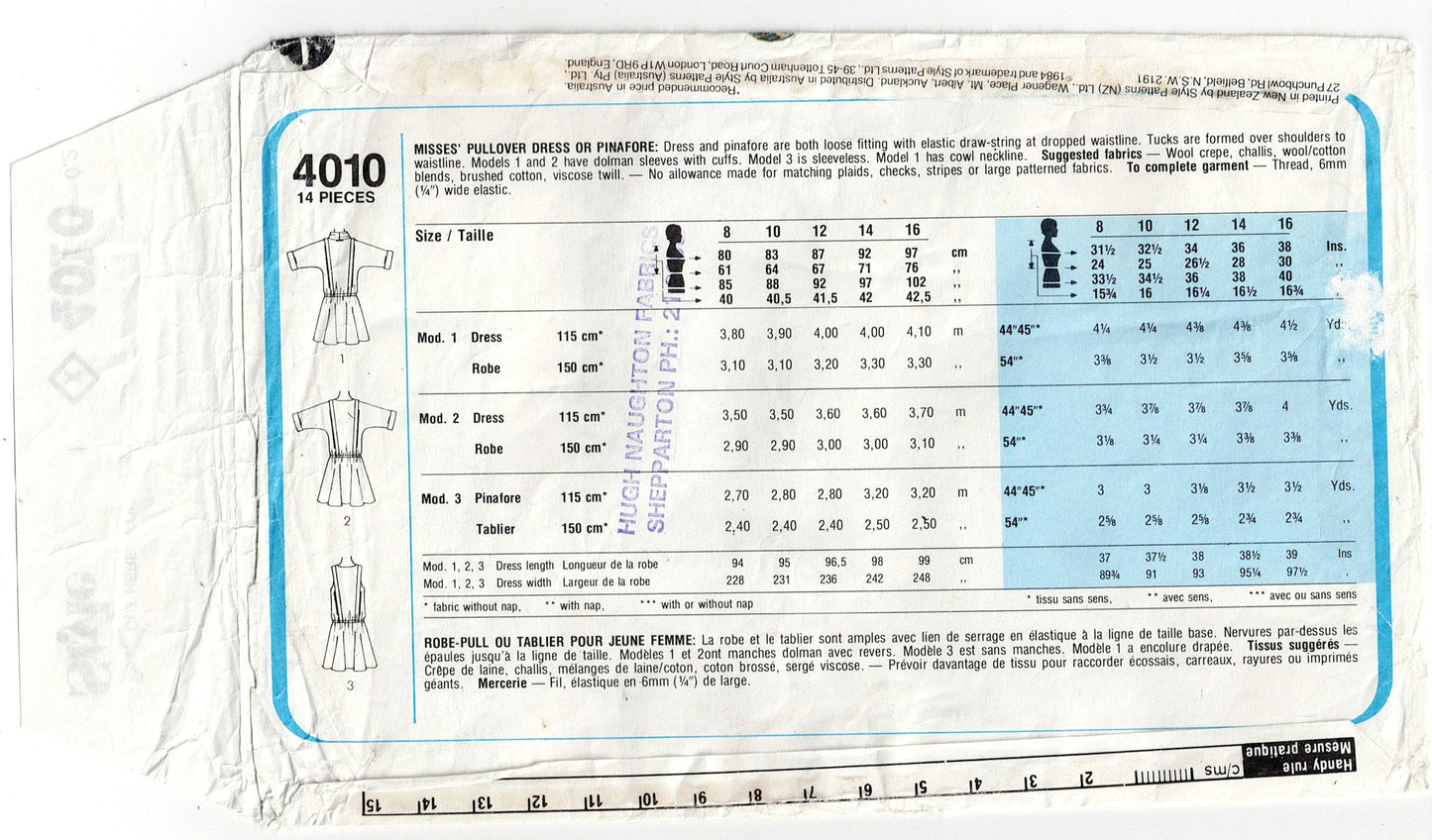 Style 4010 Womens Dropped Waist Dress or Pinafore 1980s Vintage Sewing Pattern Size 8 - 12 UNCUT Factory Folded
